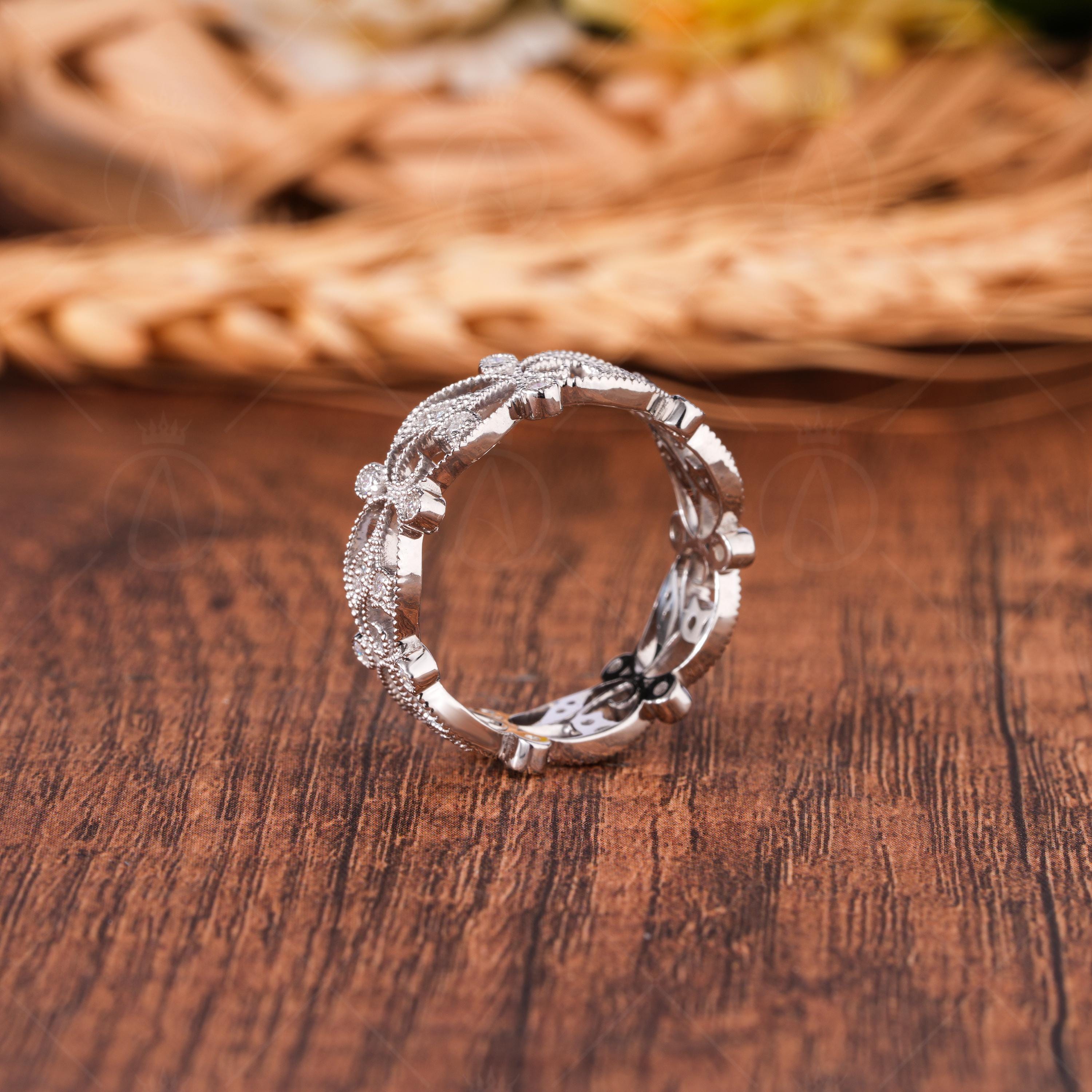 Vintage Floral Full Eternity Band Ring, Moissanite Wedding Band, Filigree Ring, Art Deco Band