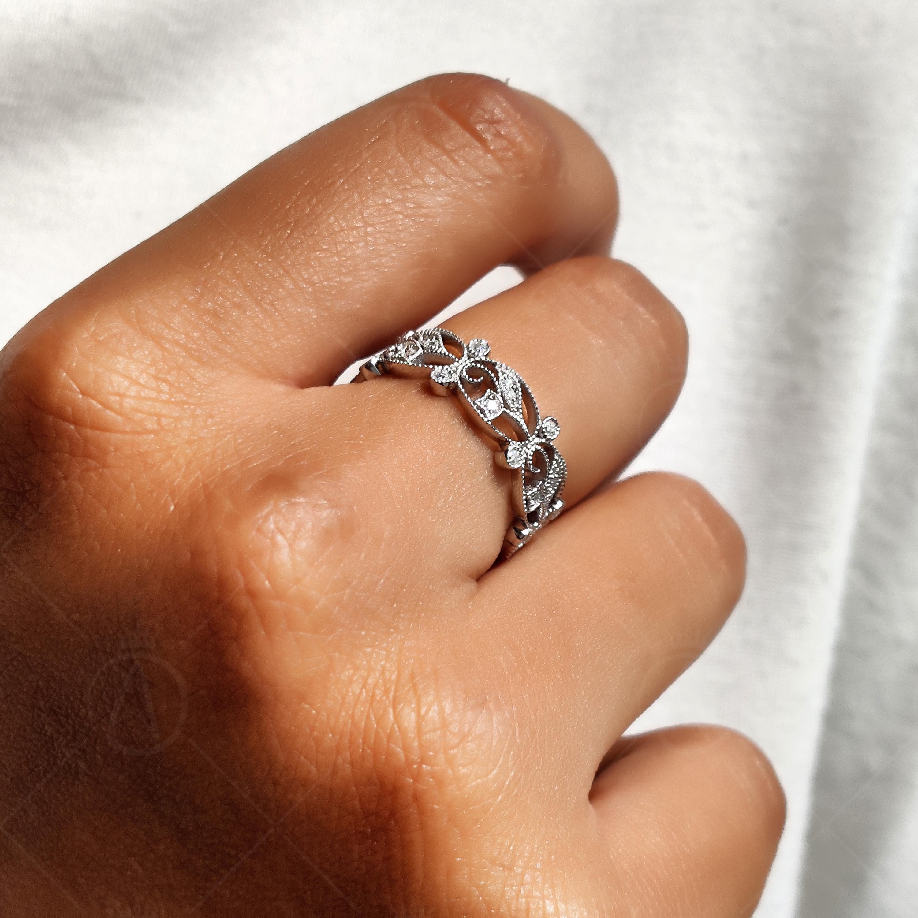 Vintage Floral Full Eternity Band Ring, Moissanite Wedding Band, Filigree Ring, Art Deco Band