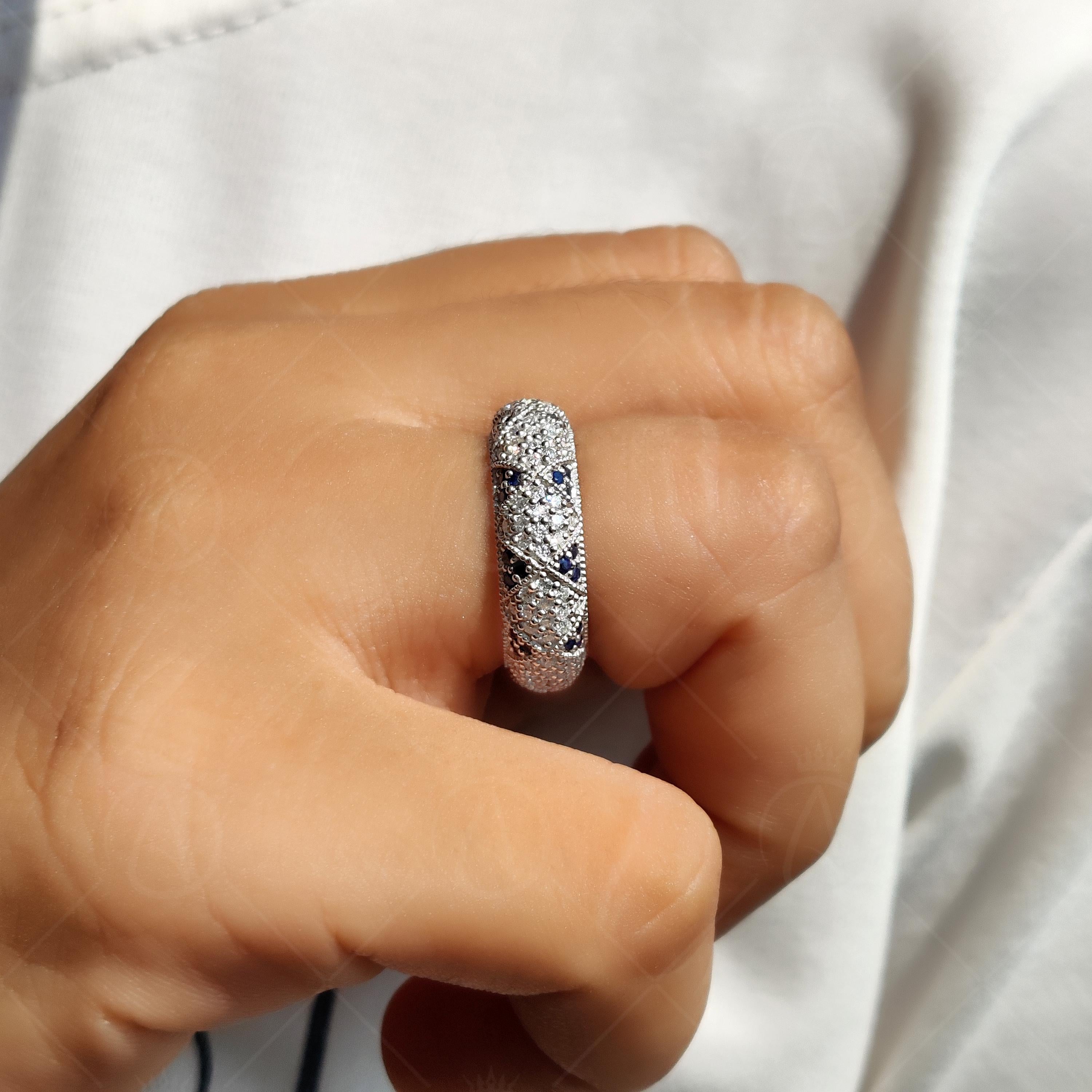 Moissanite Estate Wedding Bands Women, Natural Sapphire Dome Statement Ring, Art Deco Vintage Milgrain Band, Unique Full Eternity Band