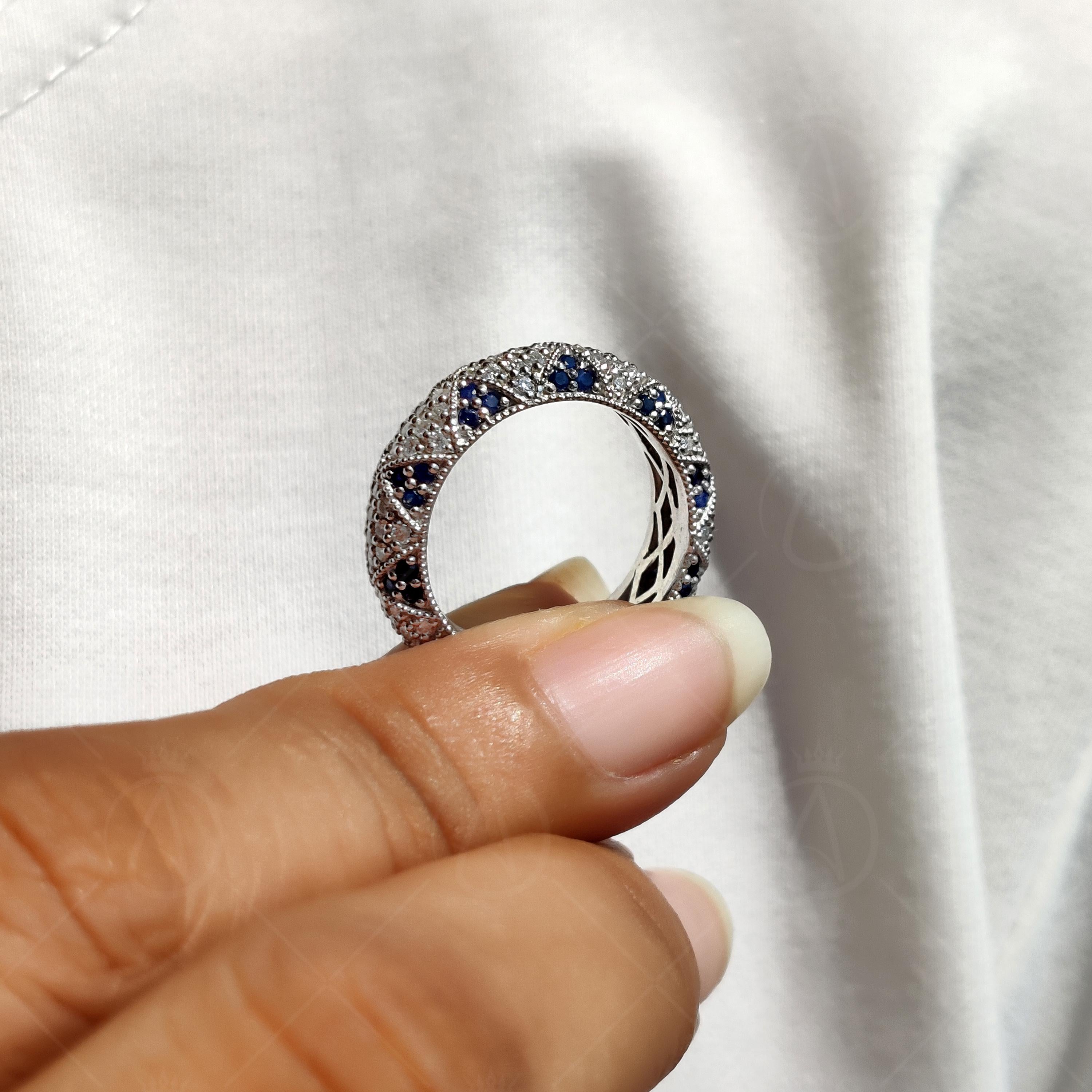 Moissanite Estate Wedding Bands Women, Natural Sapphire Dome Statement Ring, Art Deco Vintage Milgrain Band, Unique Full Eternity Band