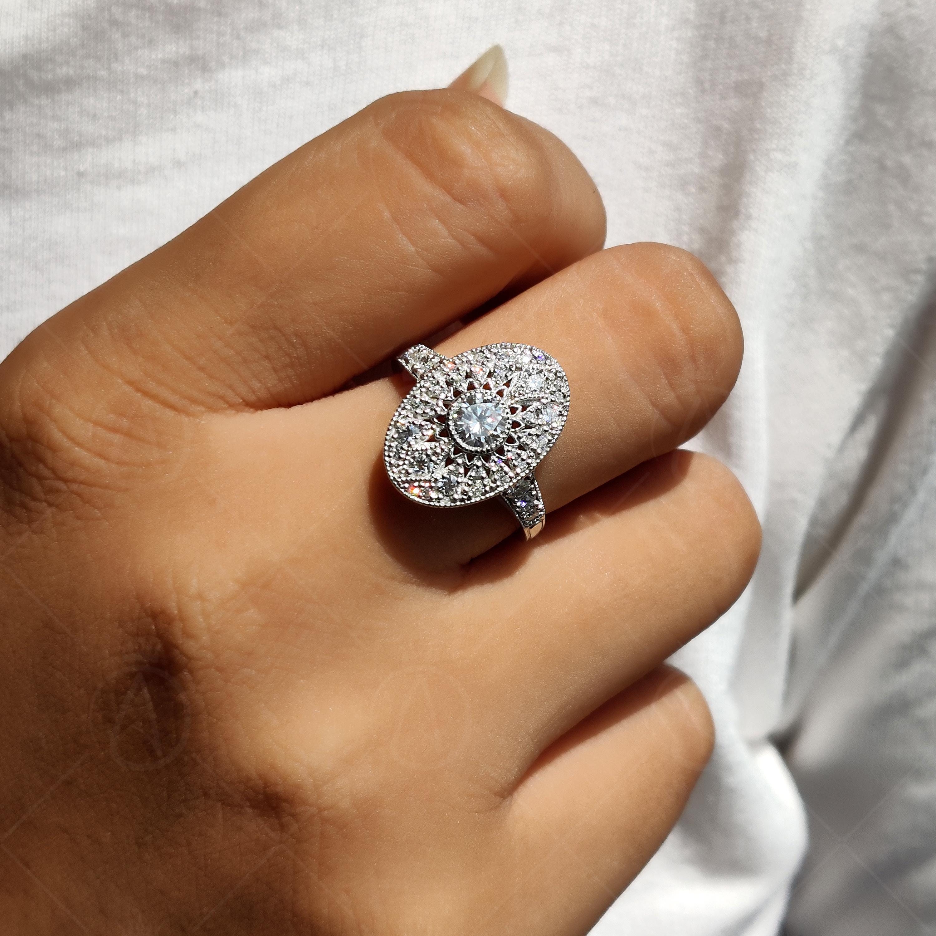Openwork Art Deco Vintage Style Engagement Ring Long Oval Shaped Vintage Milgrain Ring Moissanite Promise Ring