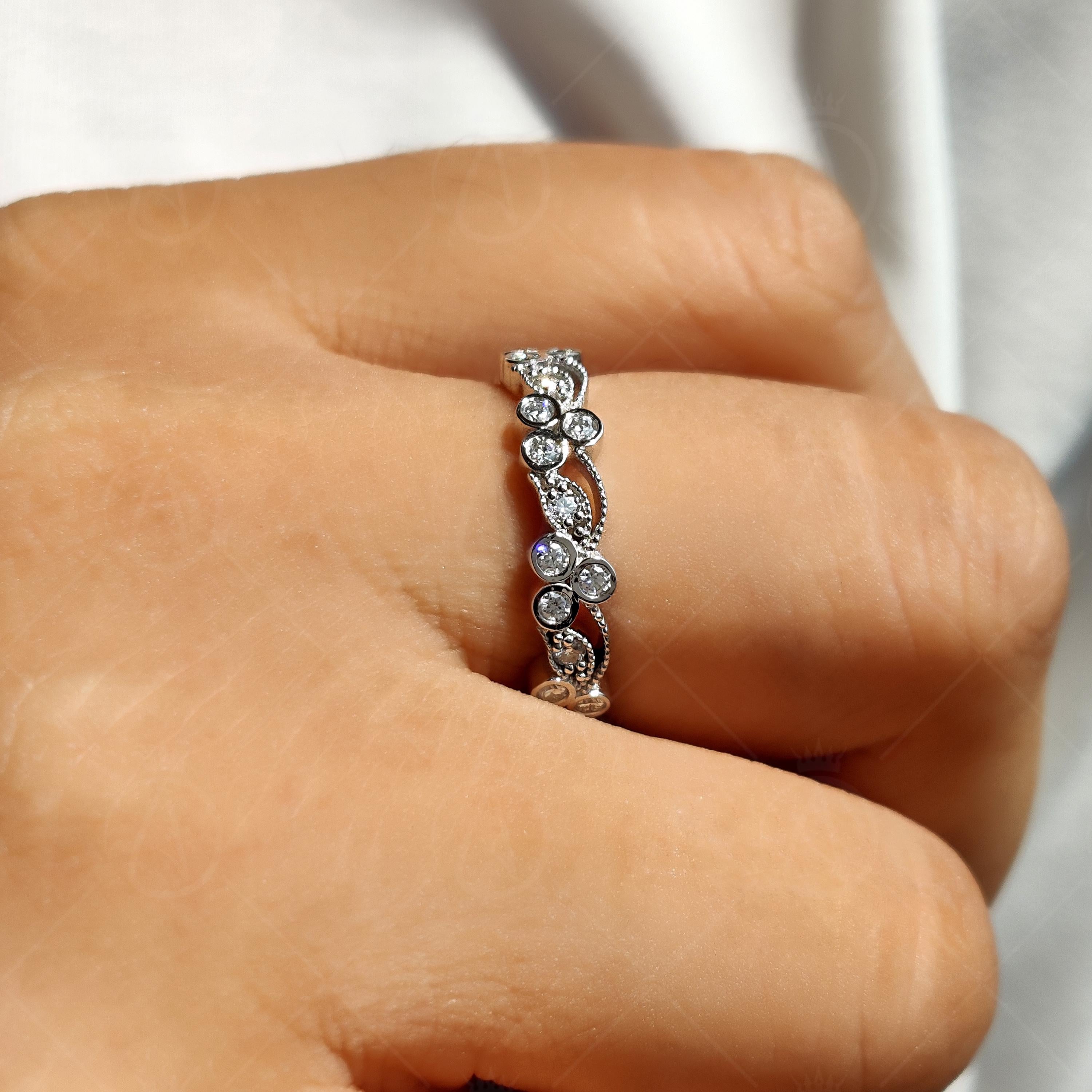 Art Deco Floral Vine Moissanite Wedding Band, Round Cut Milgrain Vintage Band, Nature Inspired Full Eternity Band