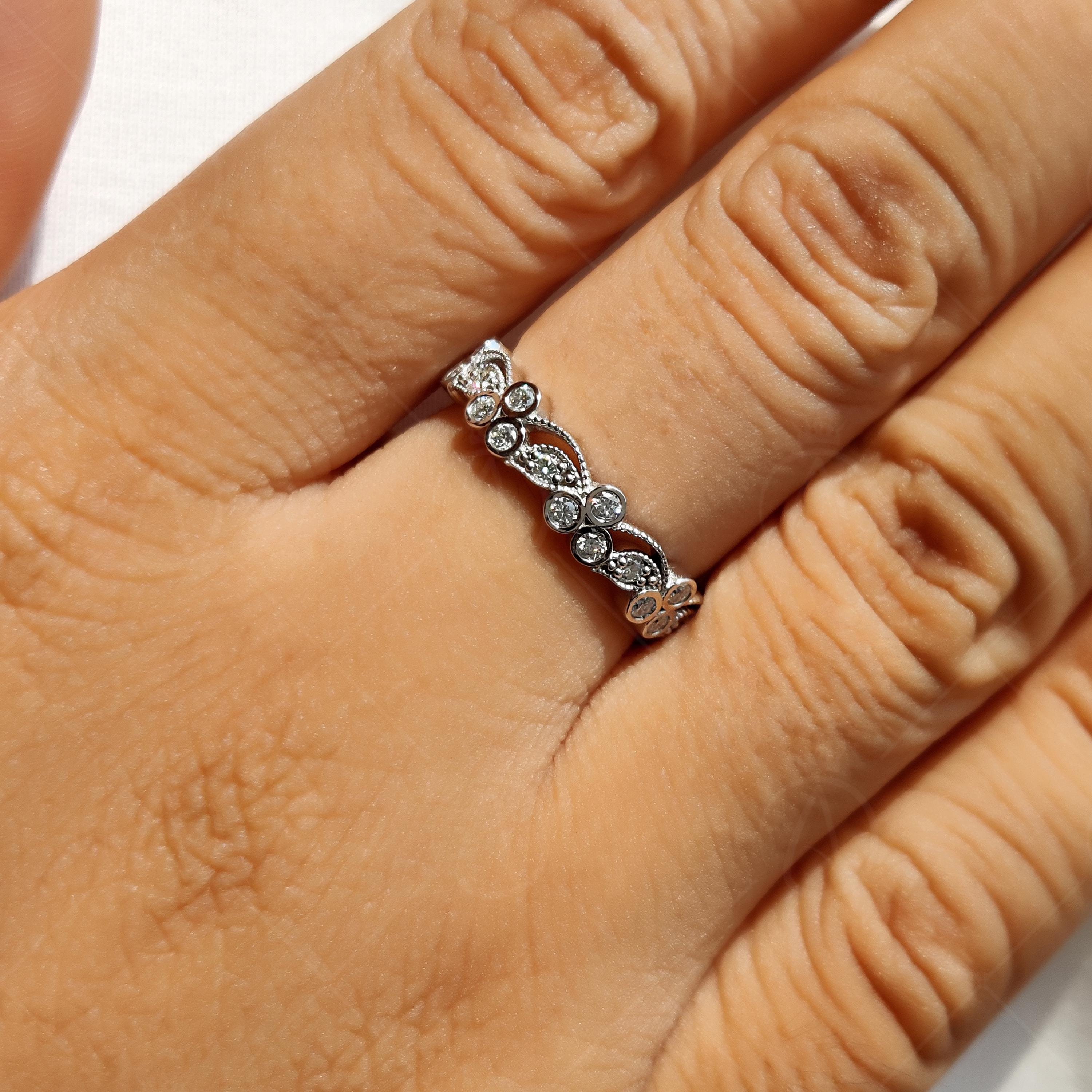Art Deco Floral Vine Moissanite Wedding Band, Round Cut Milgrain Vintage Band, Nature Inspired Full Eternity Band