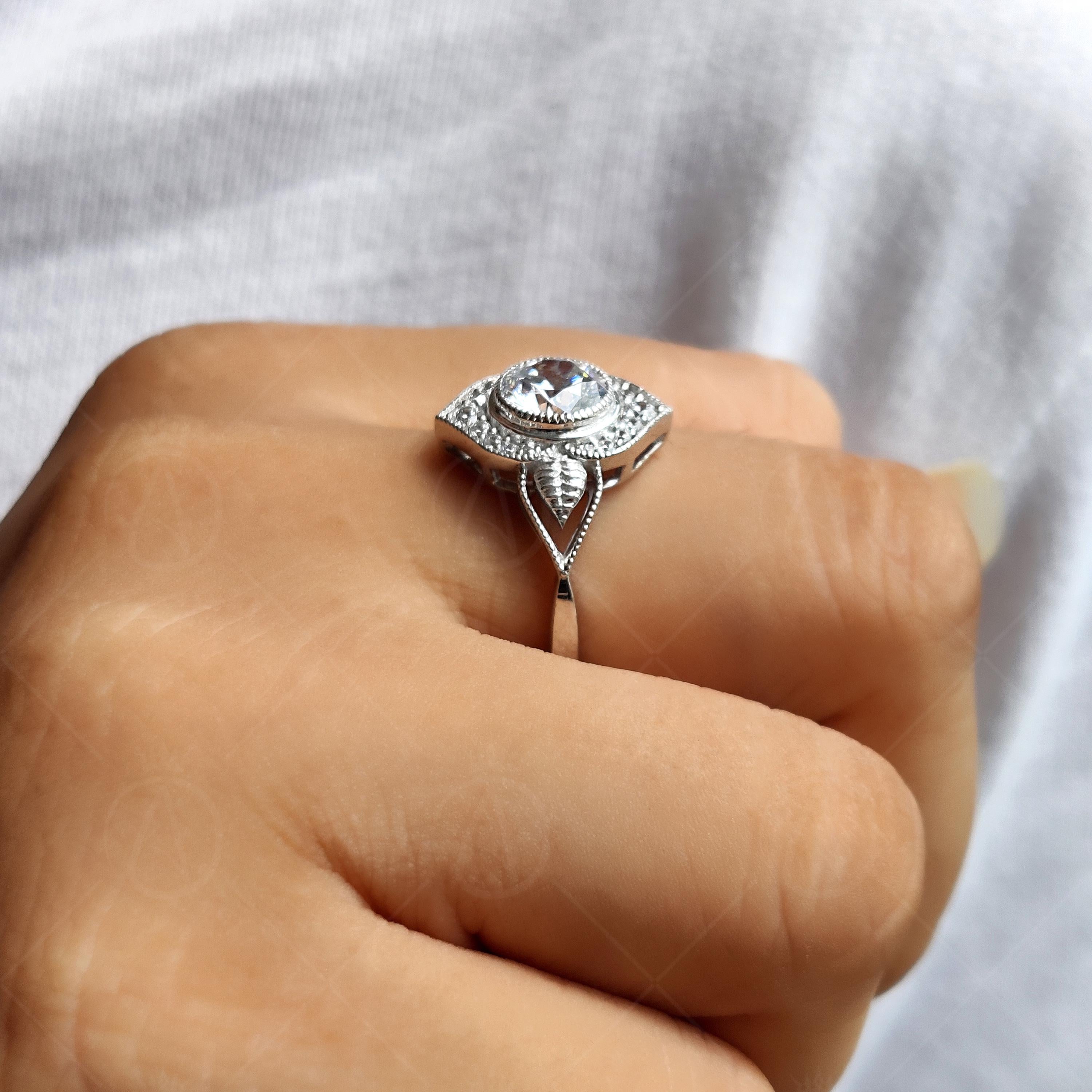 Floral Nature Inspired Round Moissanite Halo Engagement Filigree Ring