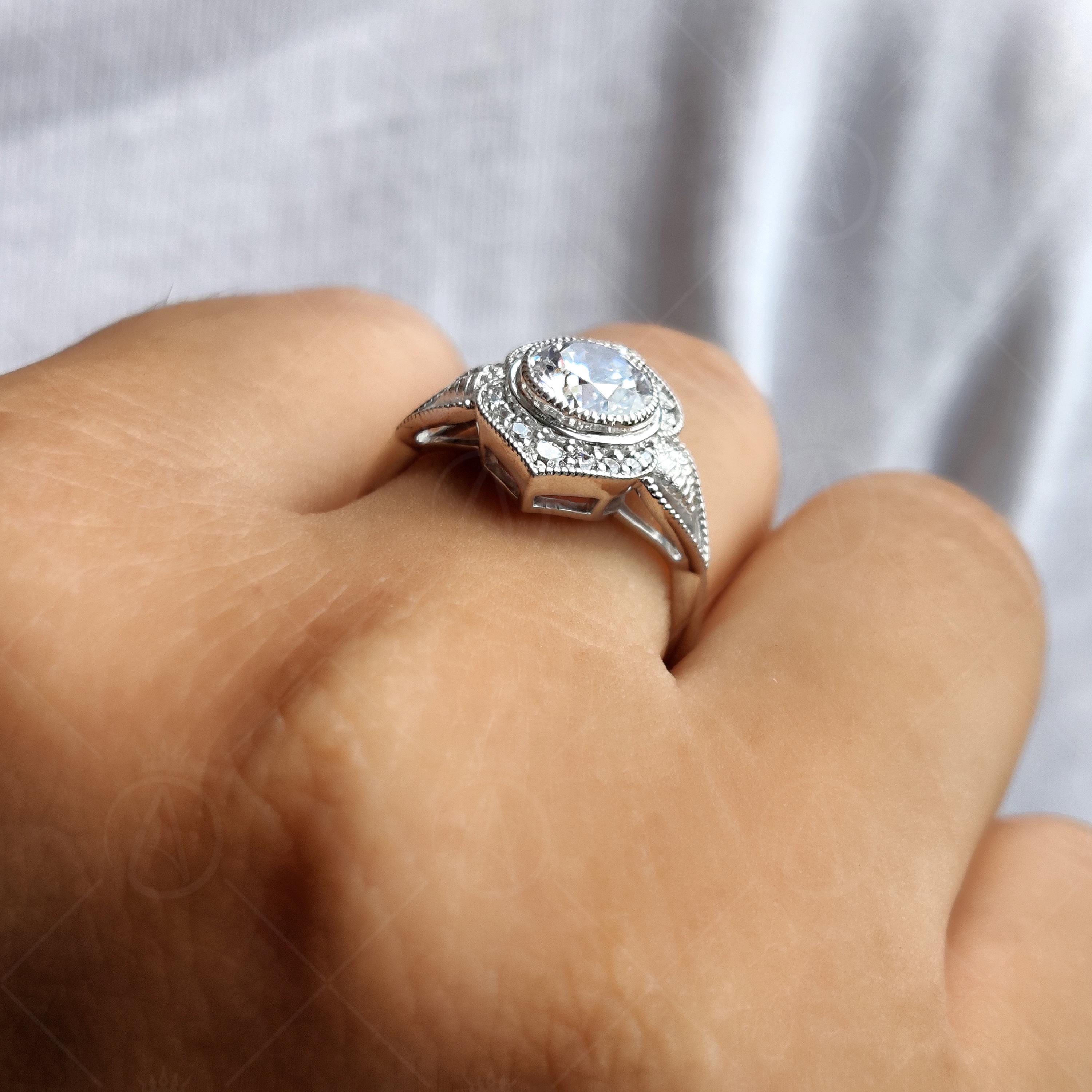 Floral Nature Inspired Round Moissanite Halo Engagement Filigree Ring