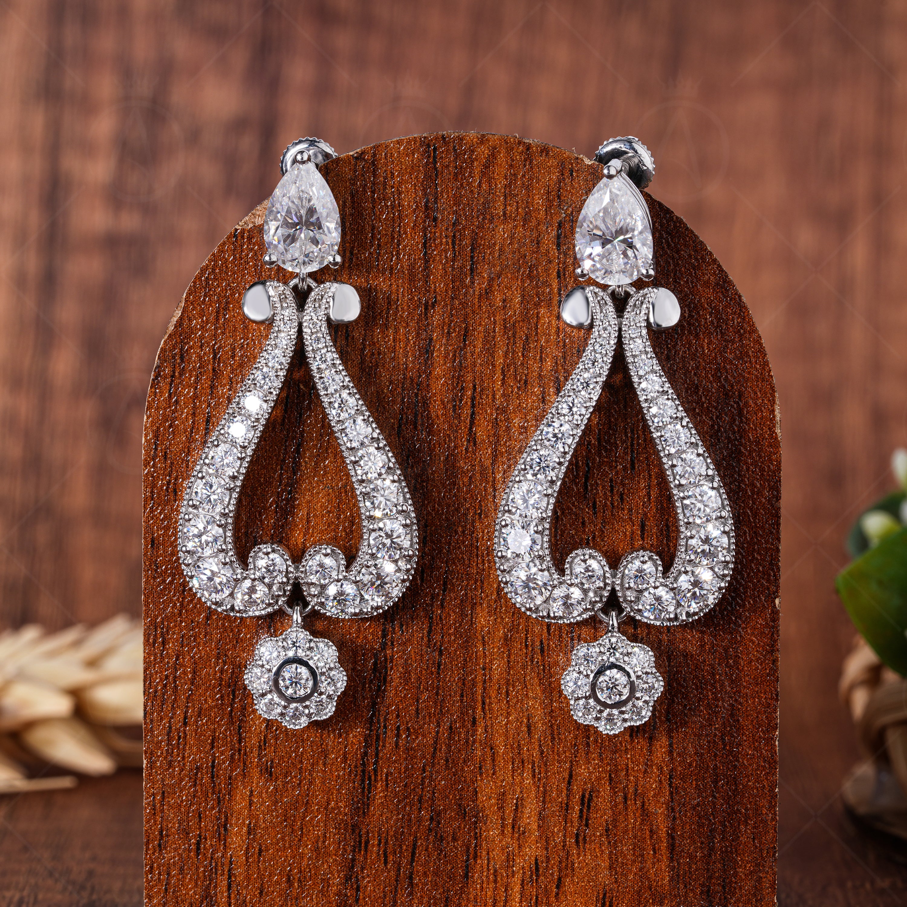 Vintage Drop Chain Stud Earrings For Women, Unique Moissanite Teardrop Dangling Earrings, Milgrain Art Deco Earrings