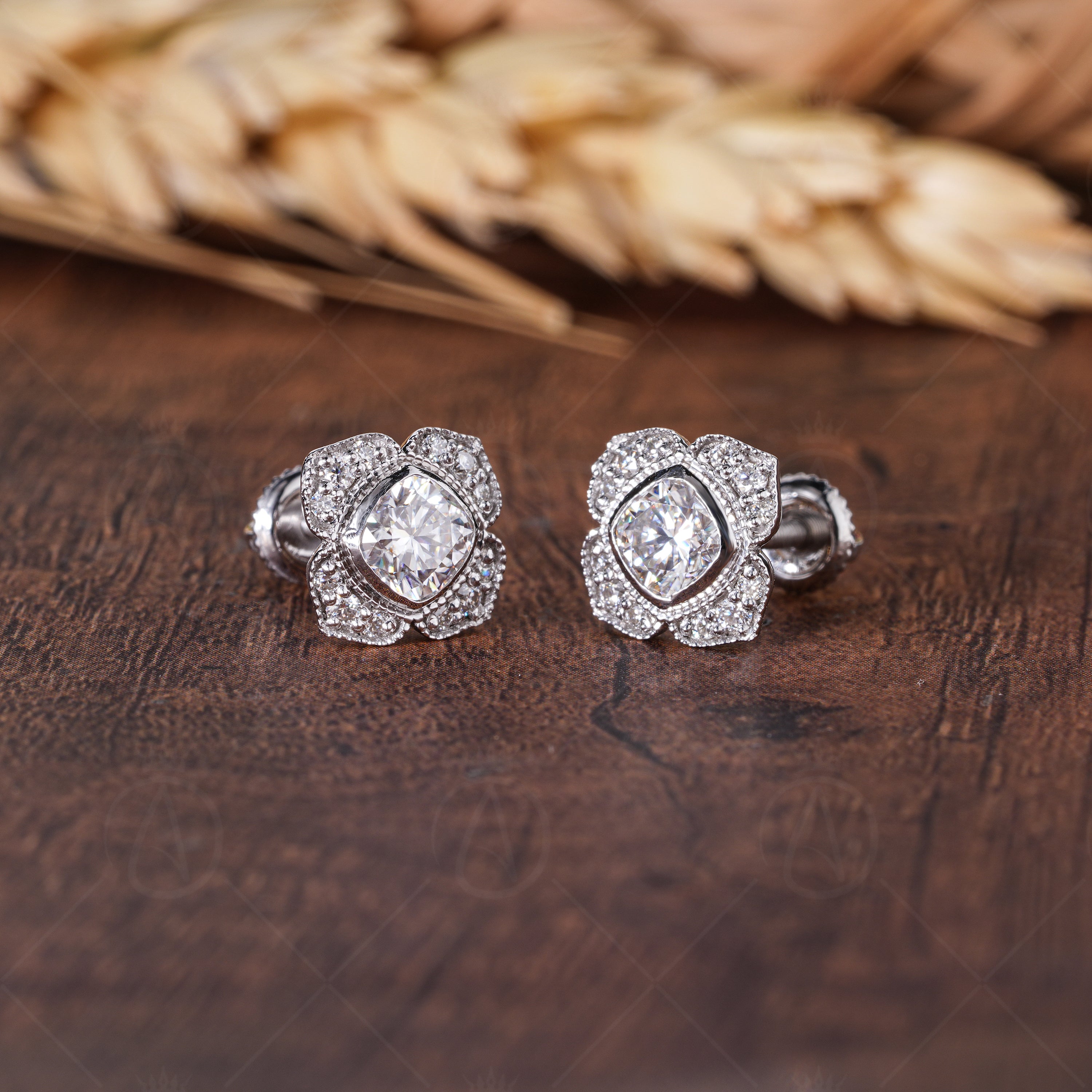 Floral Moissanite Stud Earrings, Nature Inspired Unique Earrings, Cushion Cut Halo Studs For Women, Art Deco Vintage Earrings