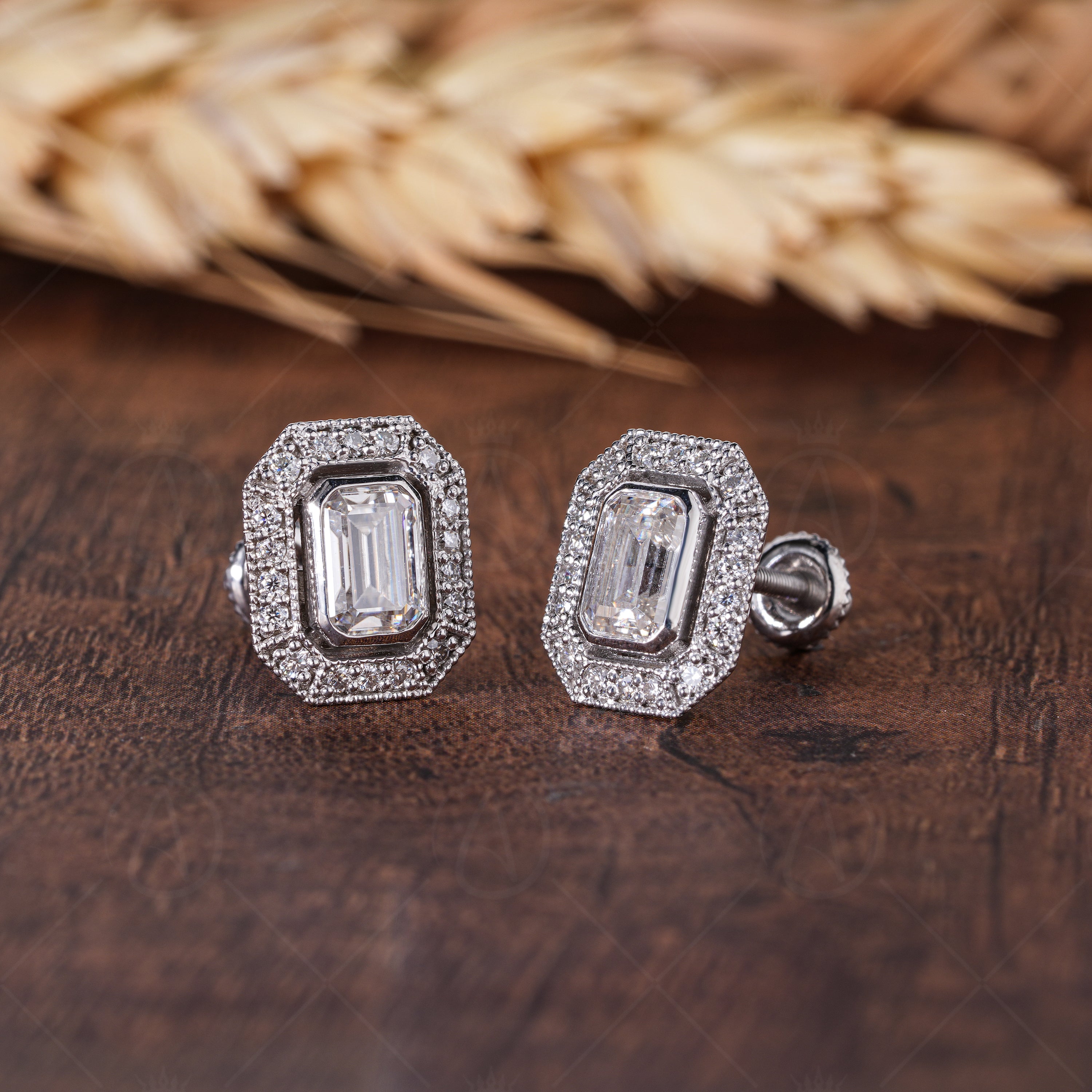 Vintage Emerald Cut Halo Stud Earrings, Moissanite Emerald Cut Earrings, Art Deco Milgrain Studs, Octagon Shape Earrings, Bridesmaid Gift