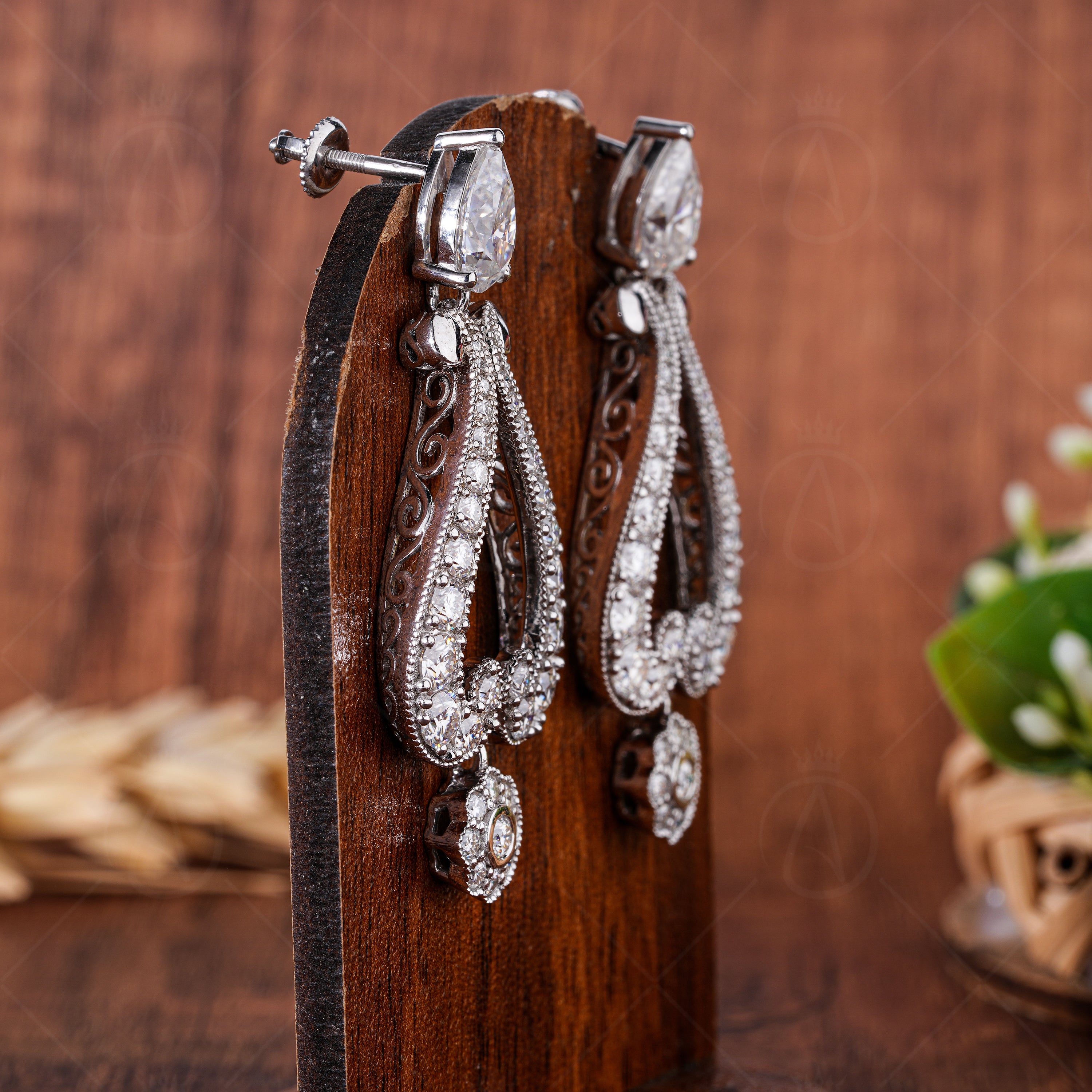 Vintage Drop Chain Stud Earrings For Women, Unique Moissanite Teardrop Dangling Earrings, Milgrain Art Deco Earrings