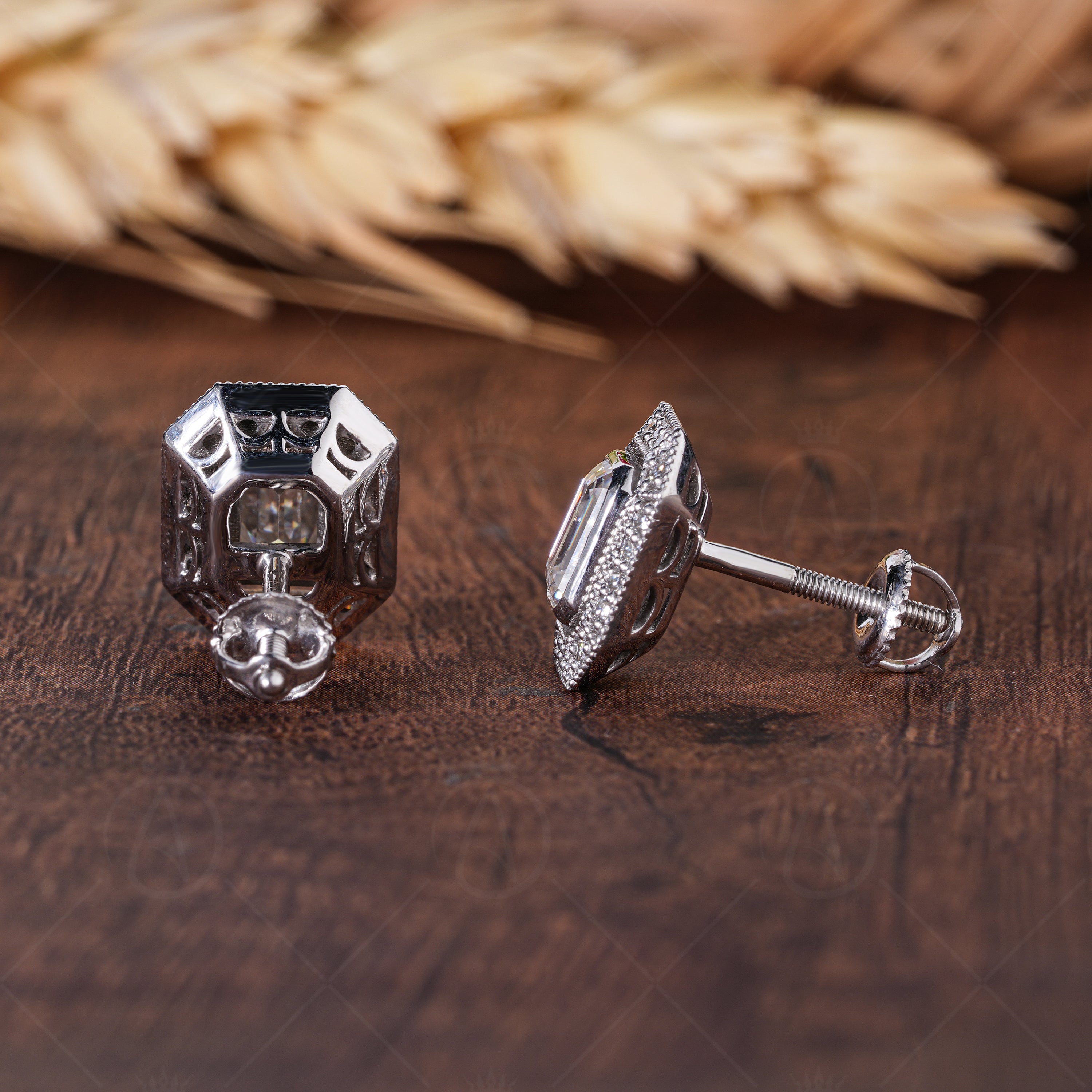 Vintage Emerald Cut Halo Stud Earrings, Moissanite Emerald Cut Earrings, Art Deco Milgrain Studs, Octagon Shape Earrings, Bridesmaid Gift