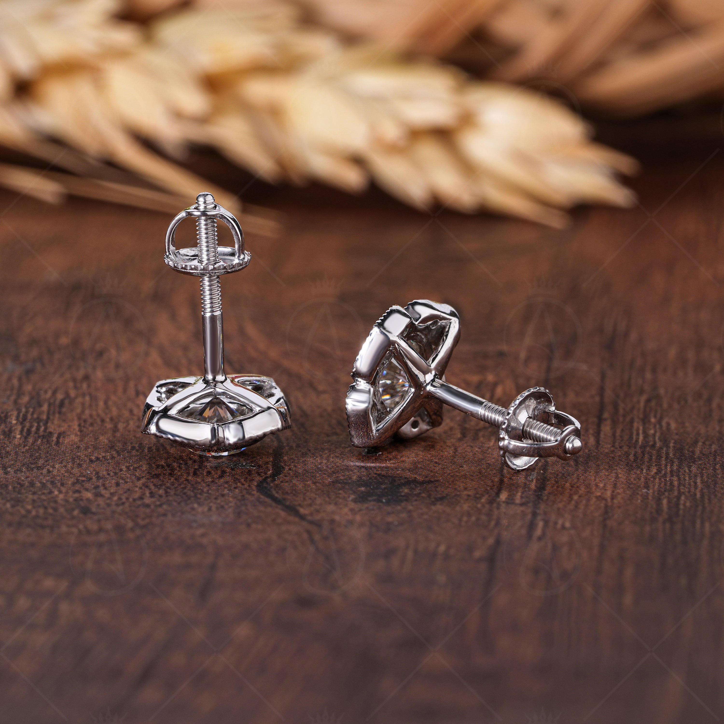 Floral Moissanite Stud Earrings, Nature Inspired Unique Earrings, Cushion Cut Halo Studs For Women, Art Deco Vintage Earrings