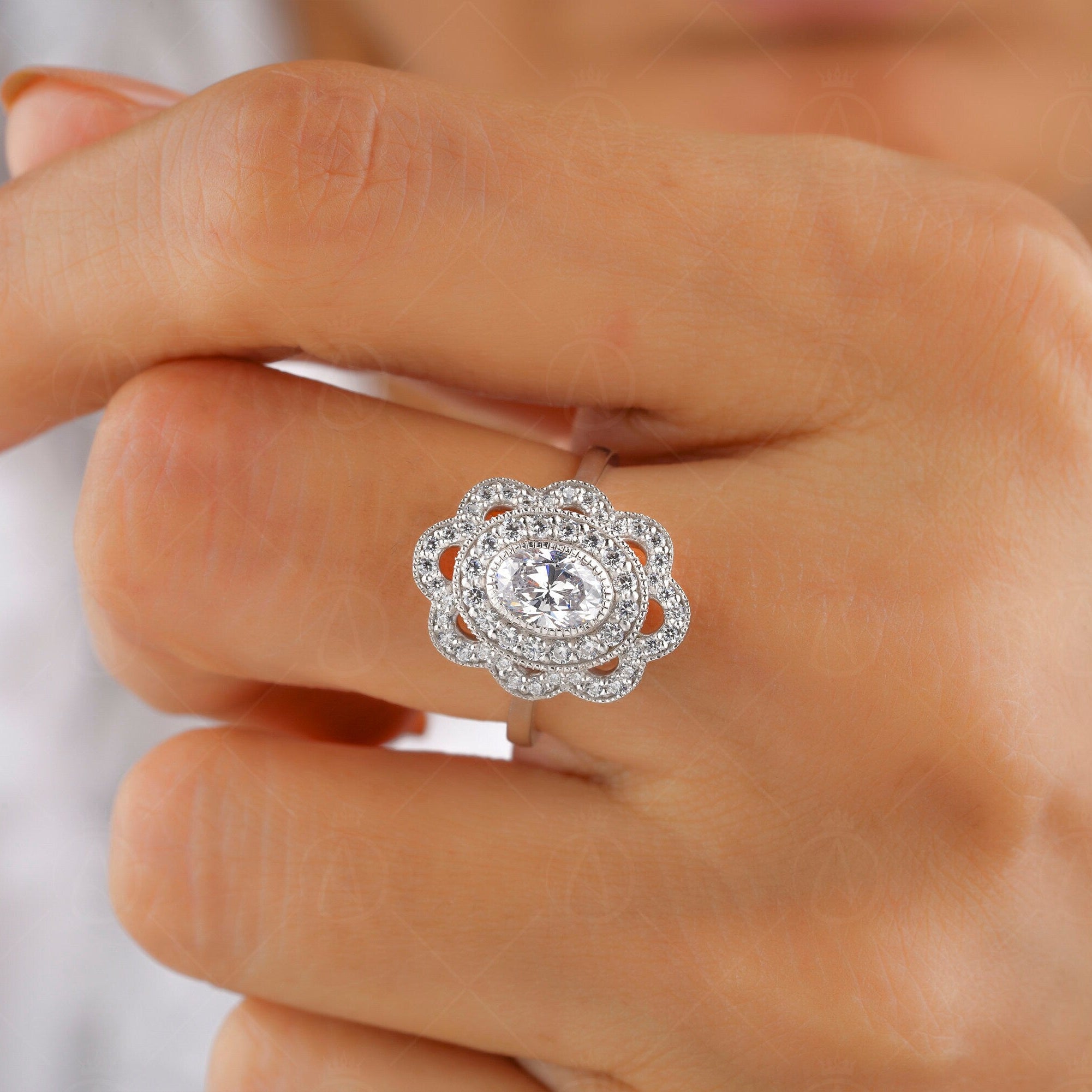 1930s Inspired Edwardian Style Moissanite Ring, Antique Statement Ring, Double Halo Oval Engagement Ring, Small Milgrain Rings For Women