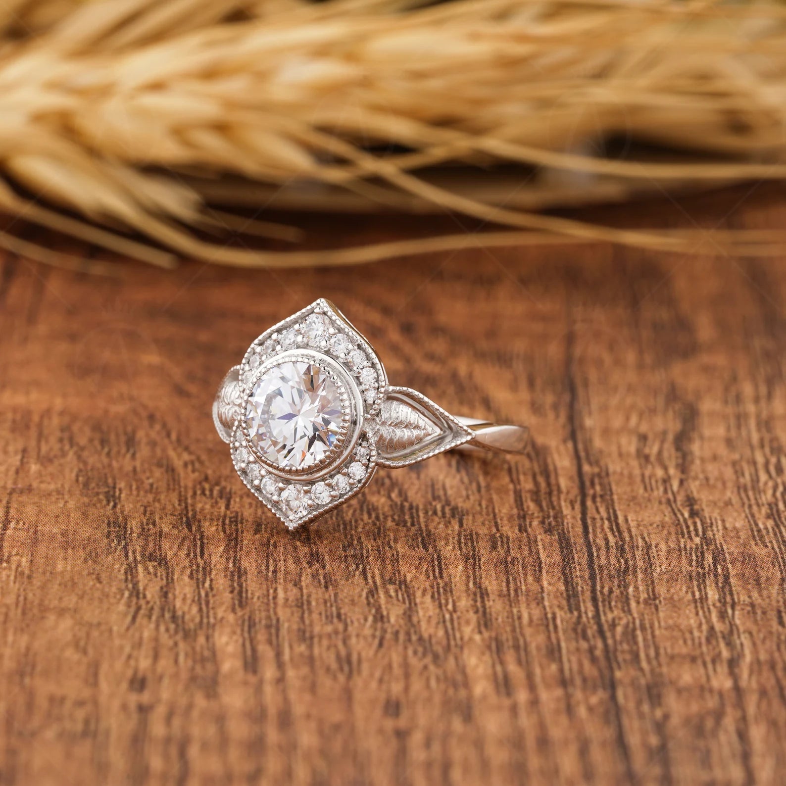 Floral Nature Inspired Round Moissanite Halo Engagement Filigree Ring
