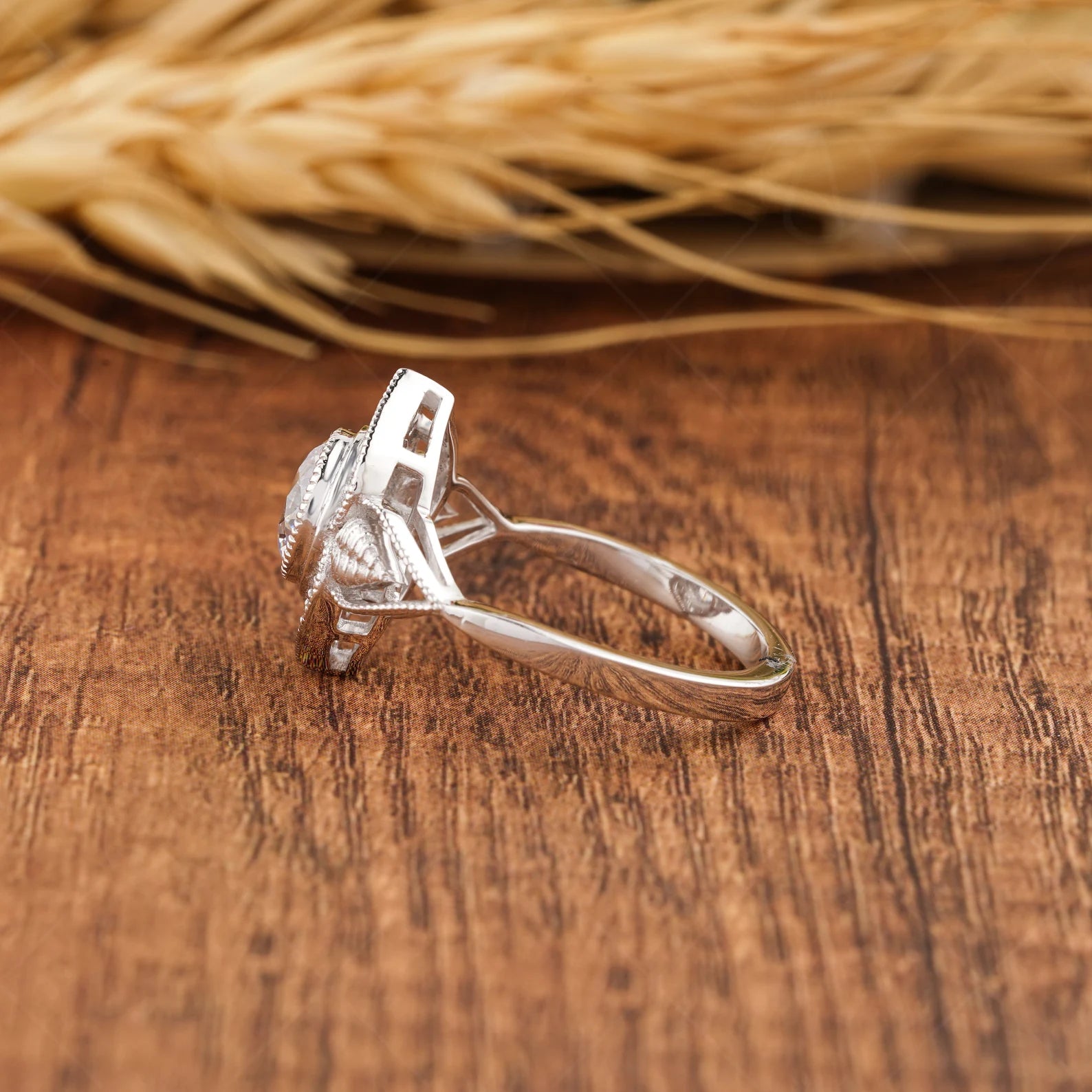 Floral Nature Inspired Round Moissanite Halo Engagement Filigree Ring