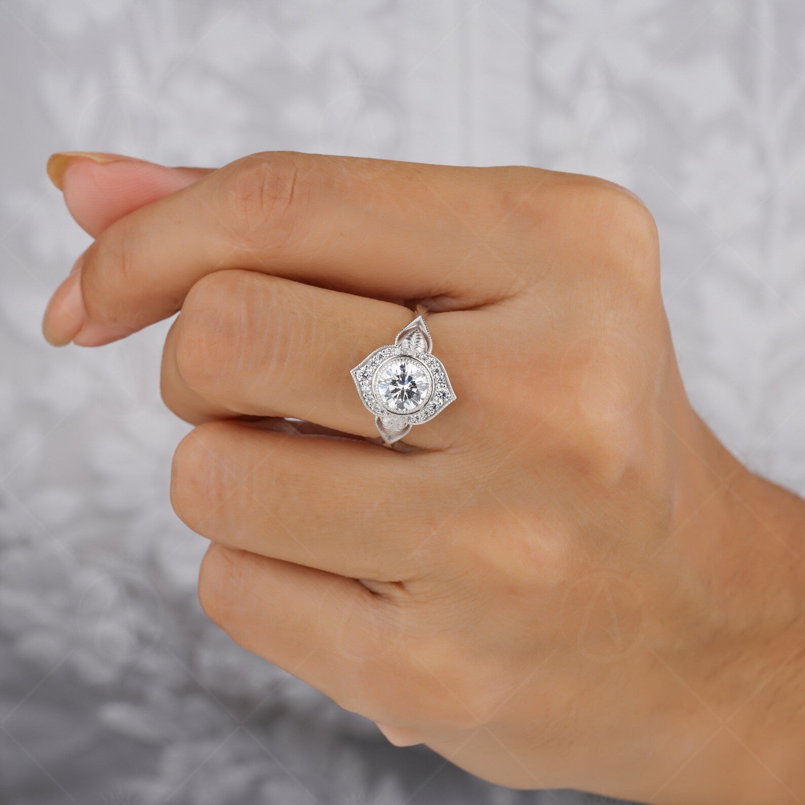 Floral Nature Inspired Round Moissanite Halo Engagement Filigree Ring