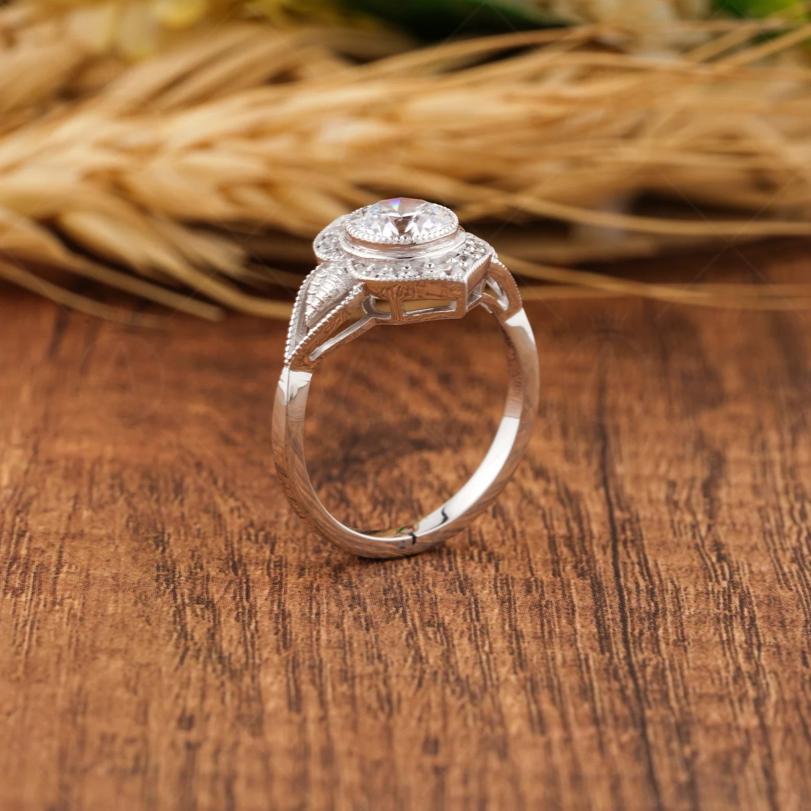 Floral Nature Inspired Round Moissanite Halo Engagement Filigree Ring