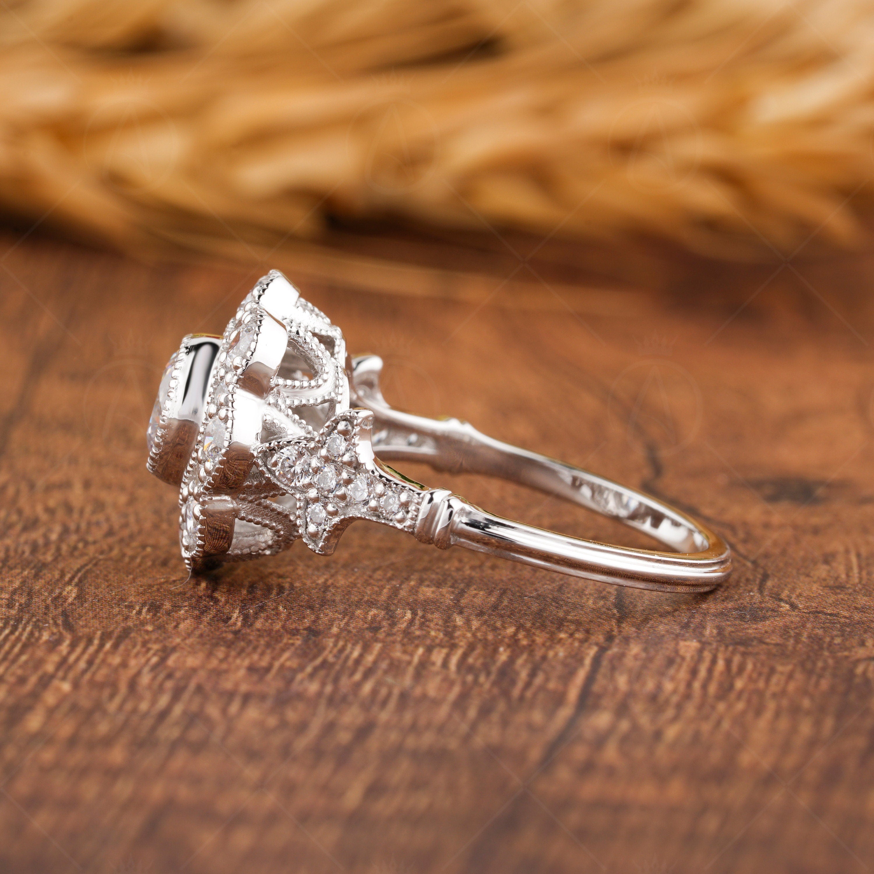 Floral Nature Inspired Ring, Vintage Art Deco Style Ring, Milgrain Ring, Antique Moissanite Halo Engagement Ring, Promise Rings For Women