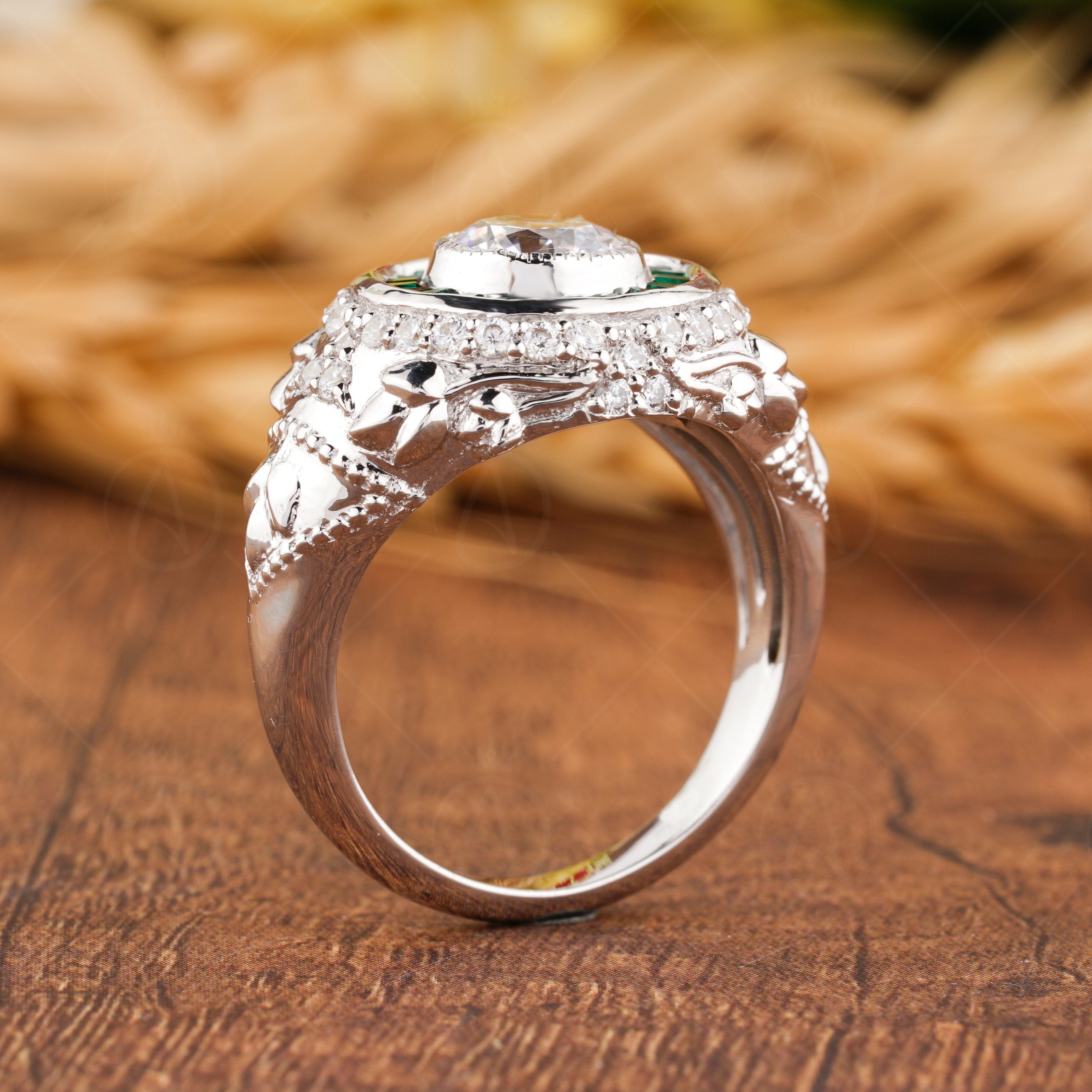 Emerald Target Ring, Emerald Estate Rings For Women, White Moissanite Flower Ring, Antique Art Deco Engagement Ring, Nature Inspired Ring