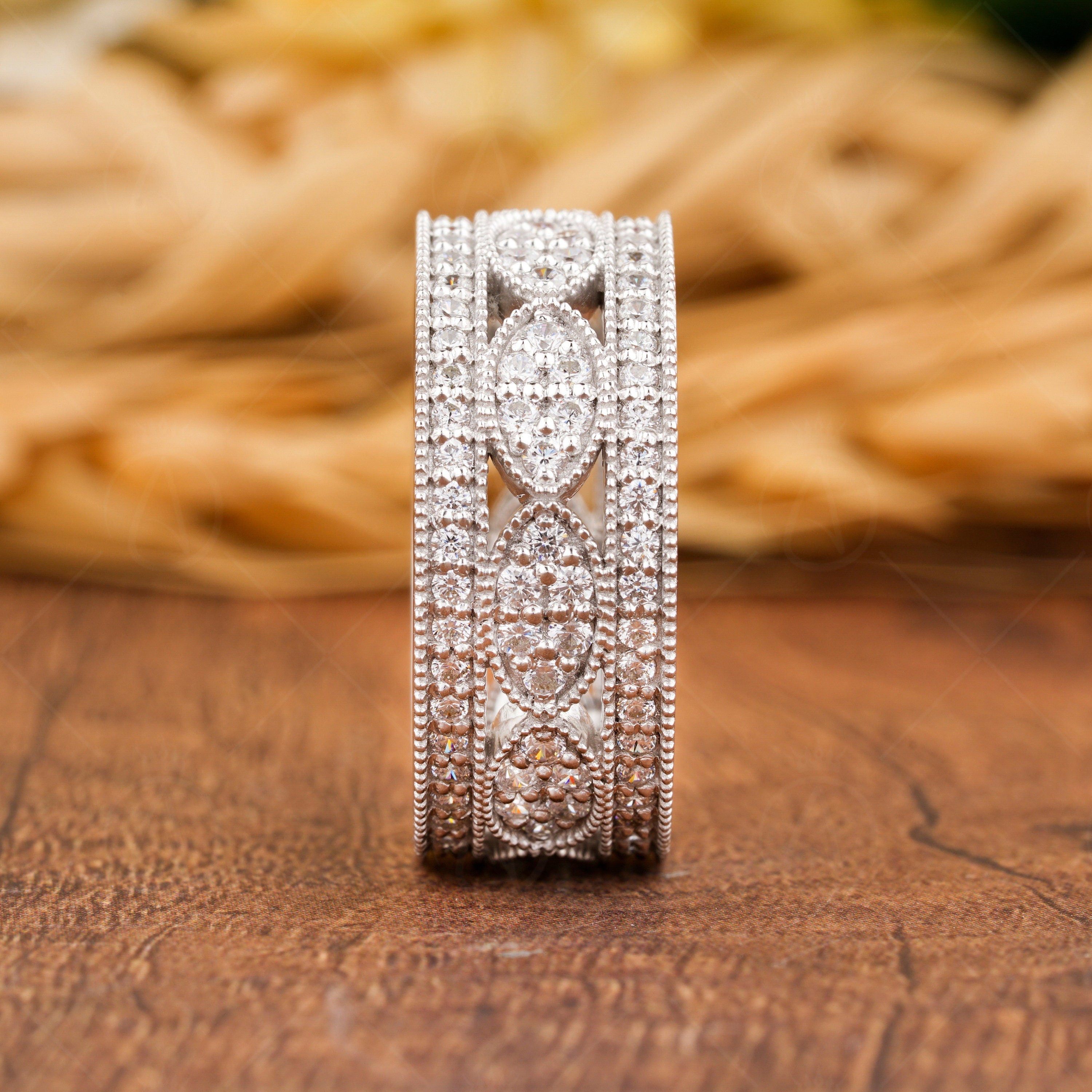 Vintage Filigree Anniversary Bands Women, Wide Full Eternity Band, Art Deco Moissanite Wedding Band Gold, Unique Thick Promise Ring For Her