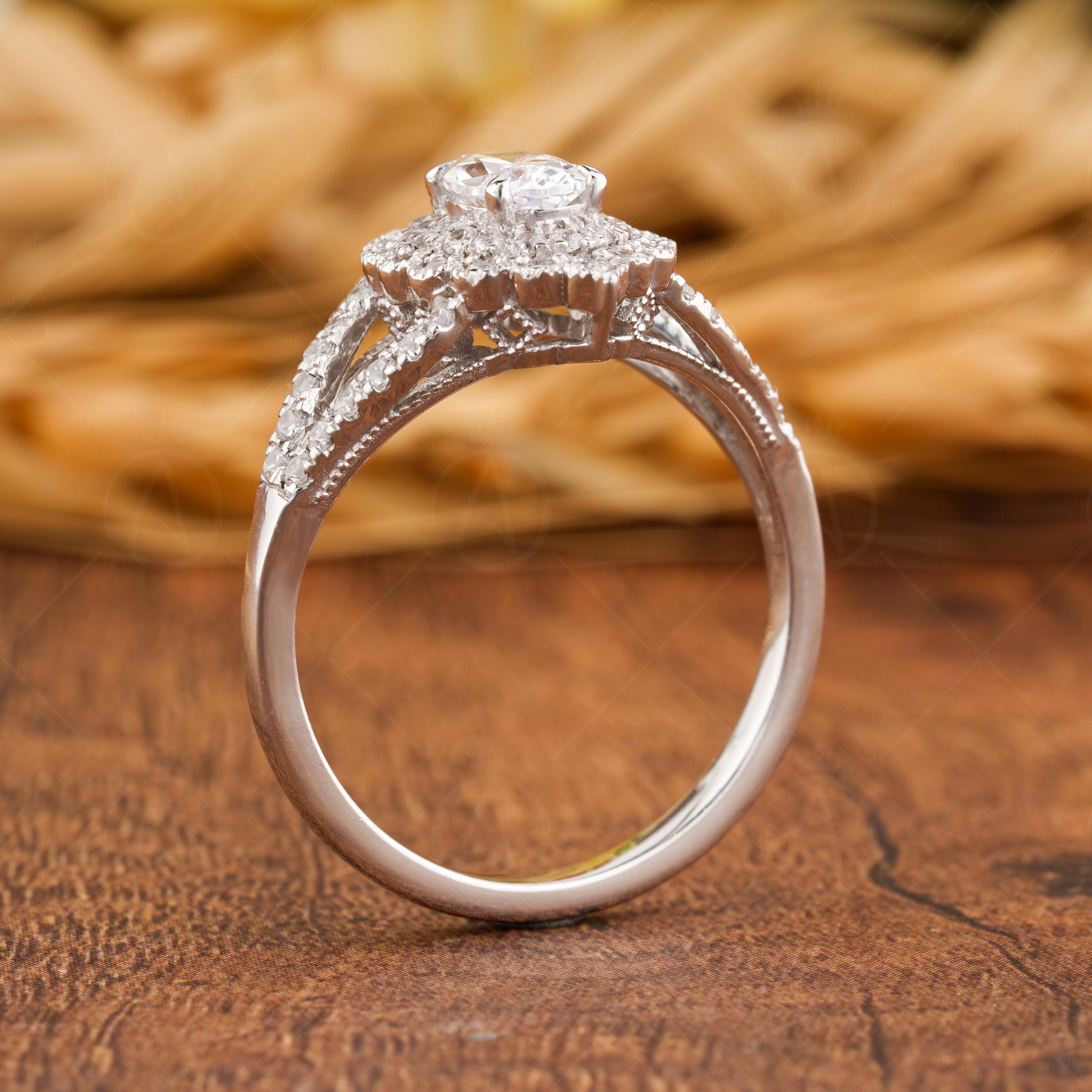 Art Deco Style Moissanite Ring, Vintage Inspired Ring, Oval Double Halo Engagement Ring, Milgrain Ring, Split Shank Ring Unique Promise Ring, Small Dotes Ring