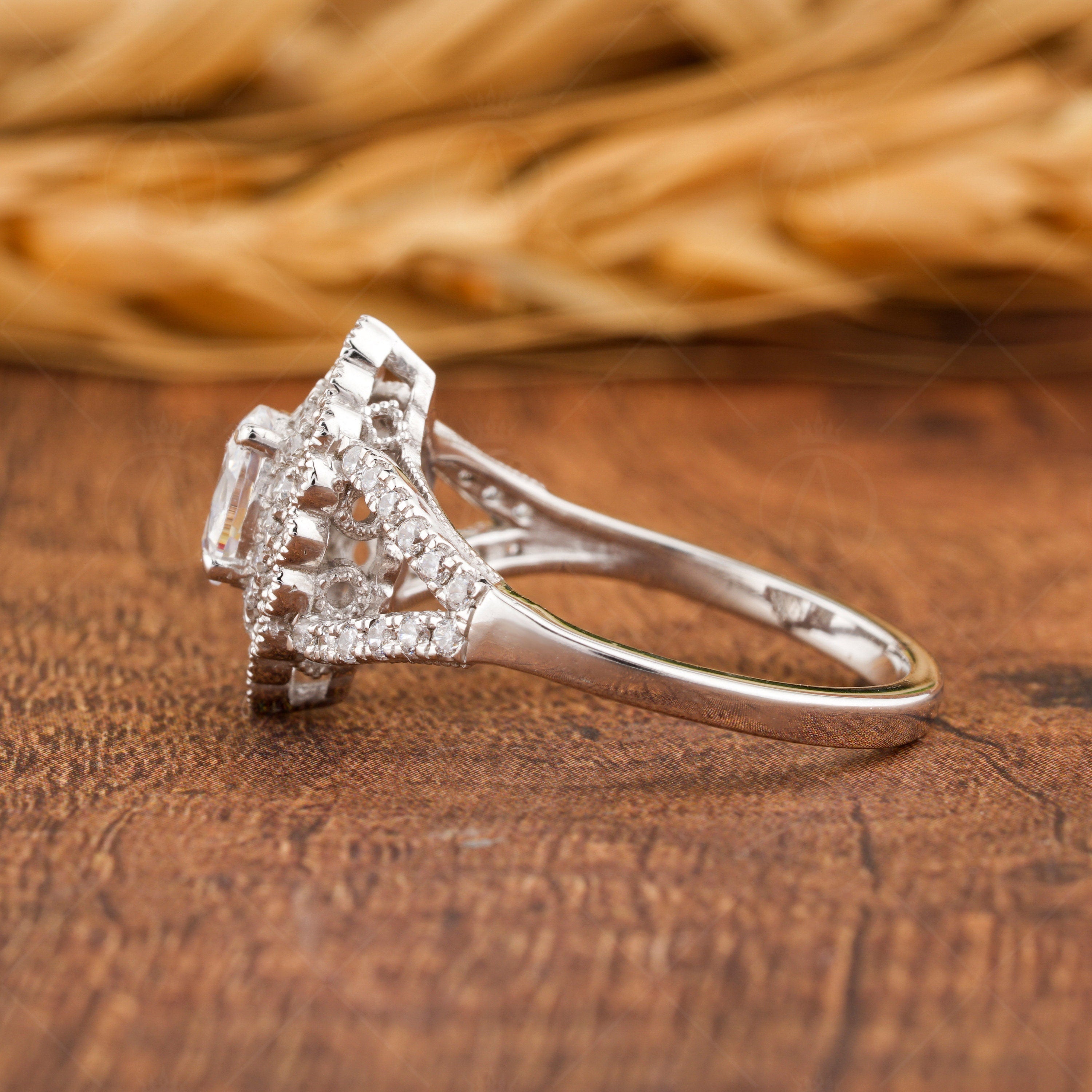 Art Deco Style Moissanite Ring, Vintage Inspired Ring, Oval Double Halo Engagement Ring, Milgrain Ring, Split Shank Ring Unique Promise Ring, Small Dotes Ring