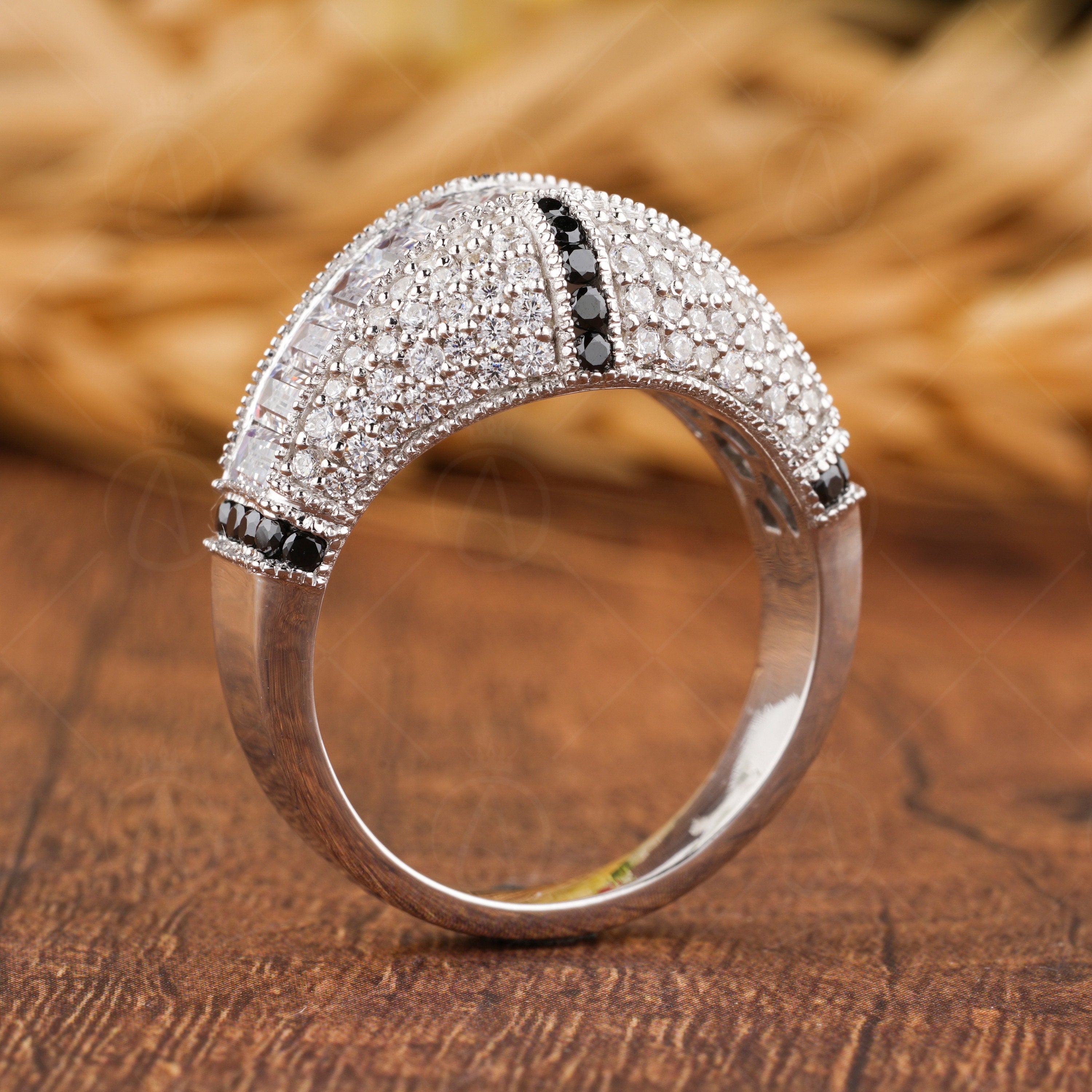 Vintage Statement Ring Women, Art Deco Dome Ring, Moissanite Chunky Dome Ring, Channel Baguette Engagement Ring, Unique Pave Milgrain Ring