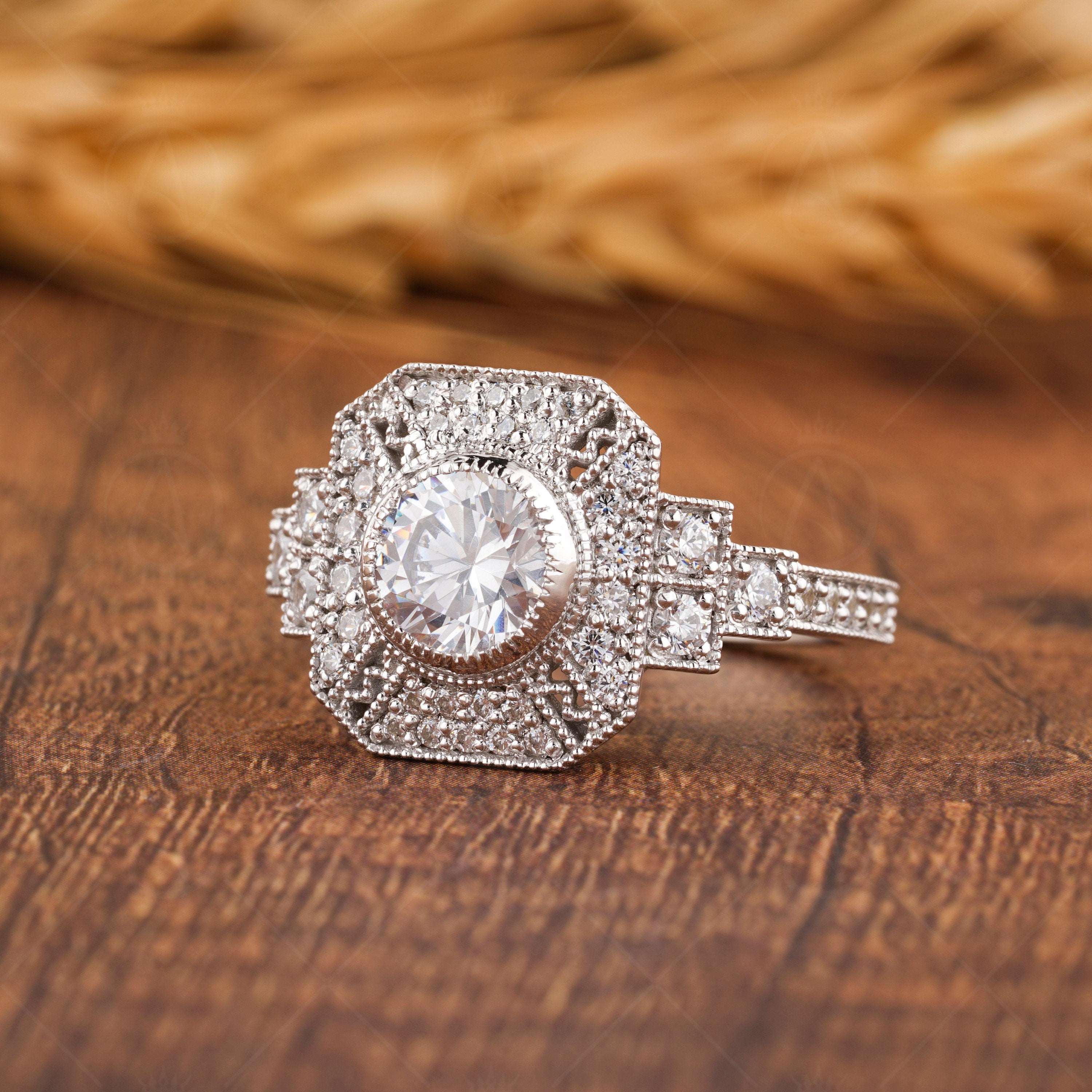 Milgrain Bezel Set Round Ring, Art Deco Moissanite Ring, Vintage Inspired Engagement Ring, Antique Style Ring For Women, Gold Estate Jewelry