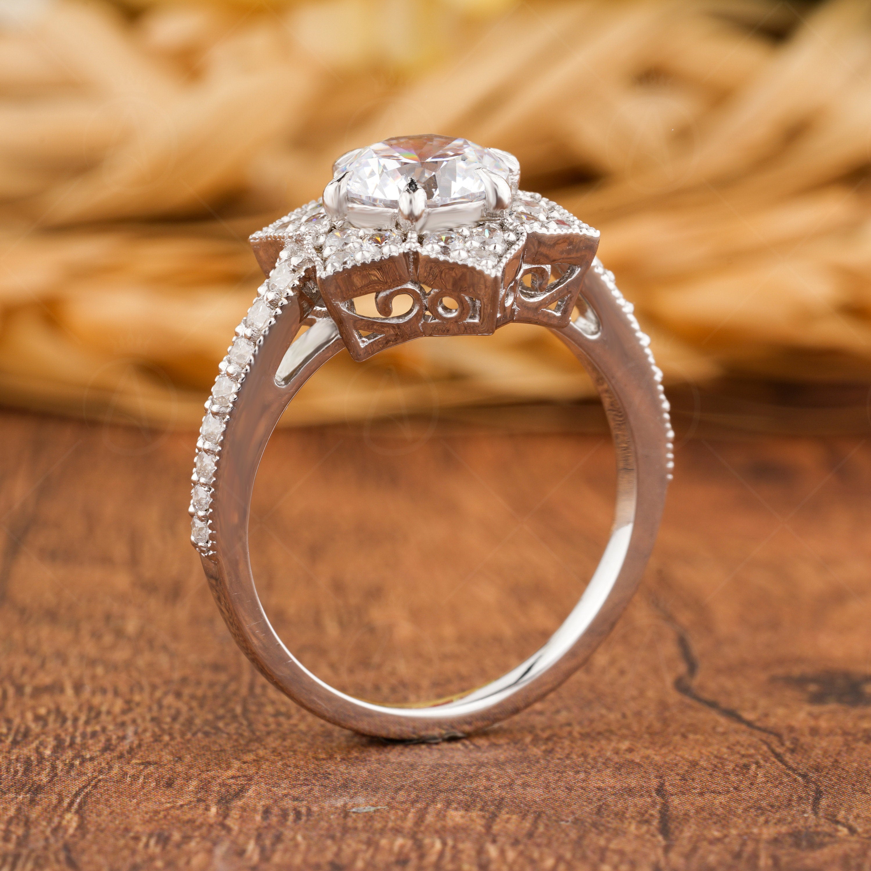 Nature Inspired Ring, Floral Style Engagement Ring, Moissanite Art Deco Ring, Milgrain Flower Ring, Unique Promise Rings For Women