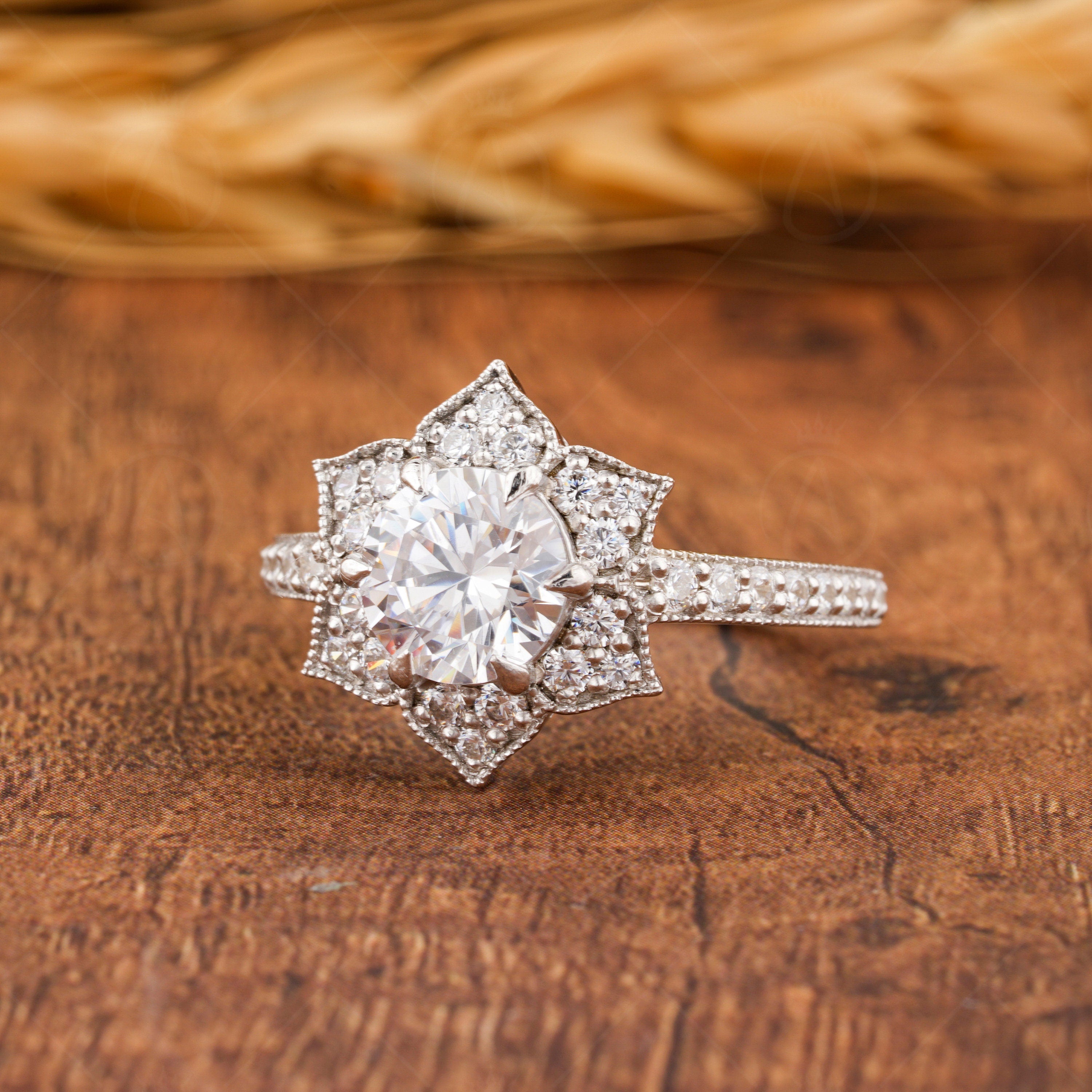 Nature Inspired Ring, Floral Style Engagement Ring, Moissanite Art Deco Ring, Milgrain Flower Ring, Unique Promise Rings For Women