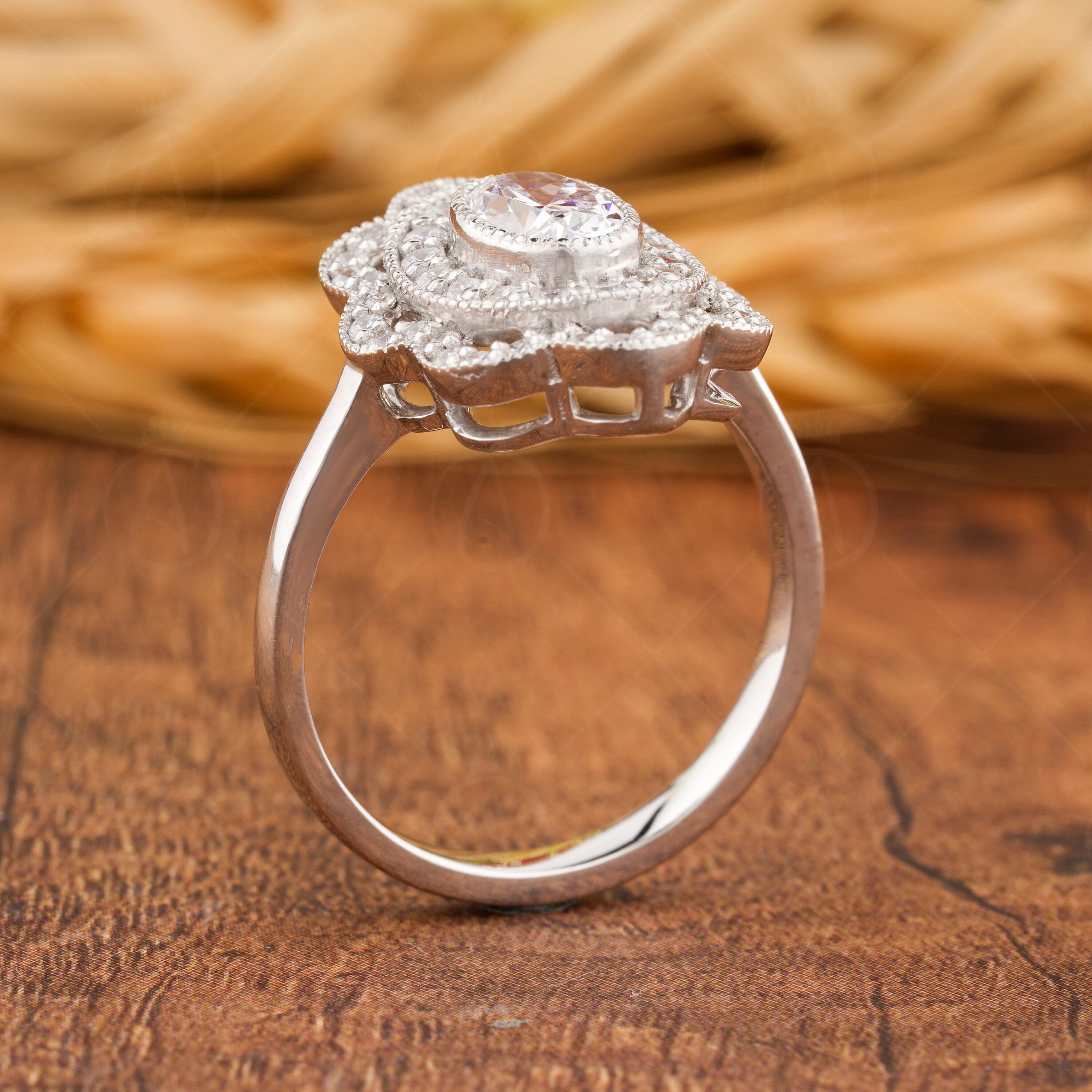 1930s Inspired Edwardian Style Moissanite Ring, Antique Statement Ring, Double Halo Oval Engagement Ring, Small Milgrain Rings For Women