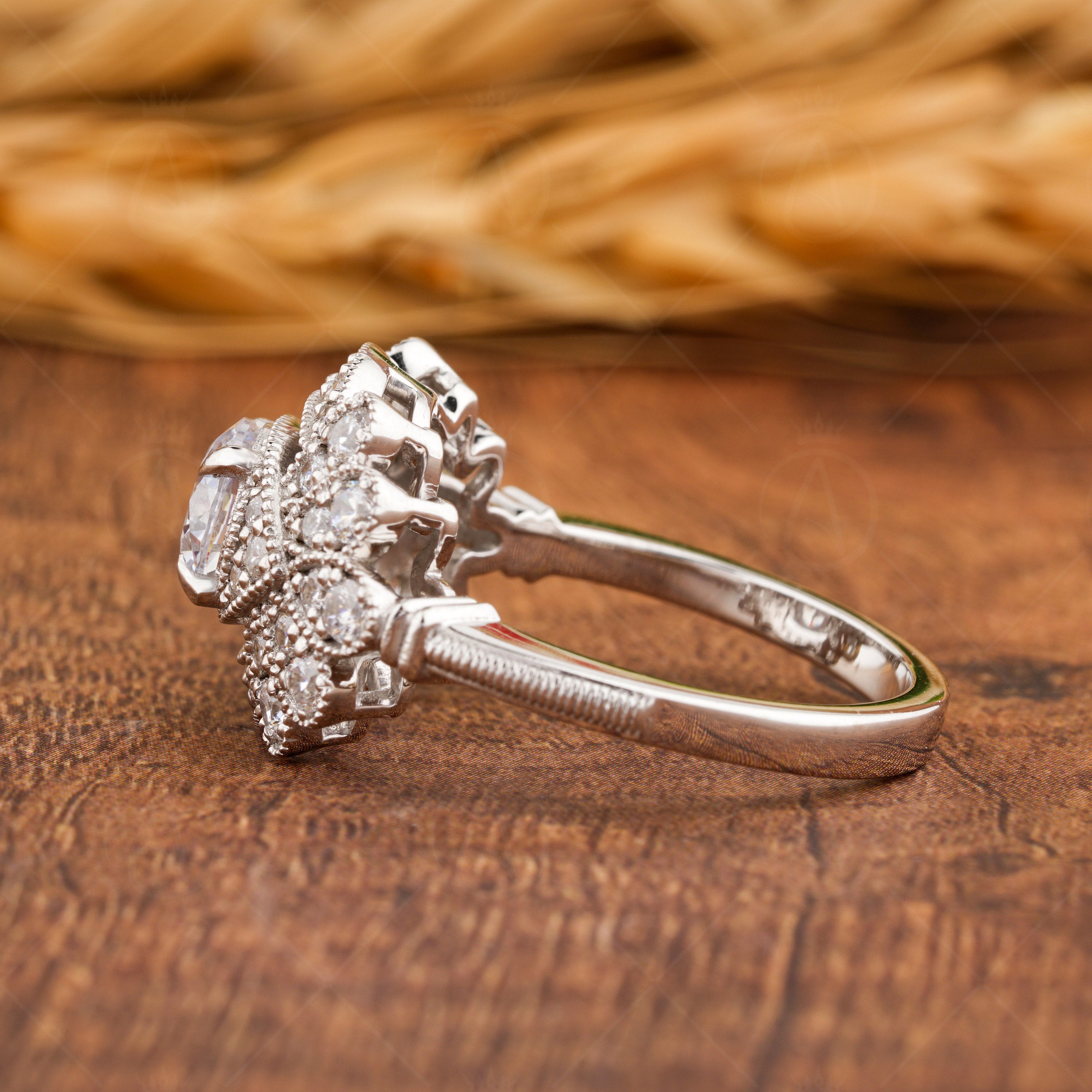 Edwardian Moissanite Engagement Ring, Art Deco Vintage Inspired Ring, Milgrain Wedding Ring, Moissanite Unique Promise Rings For Women