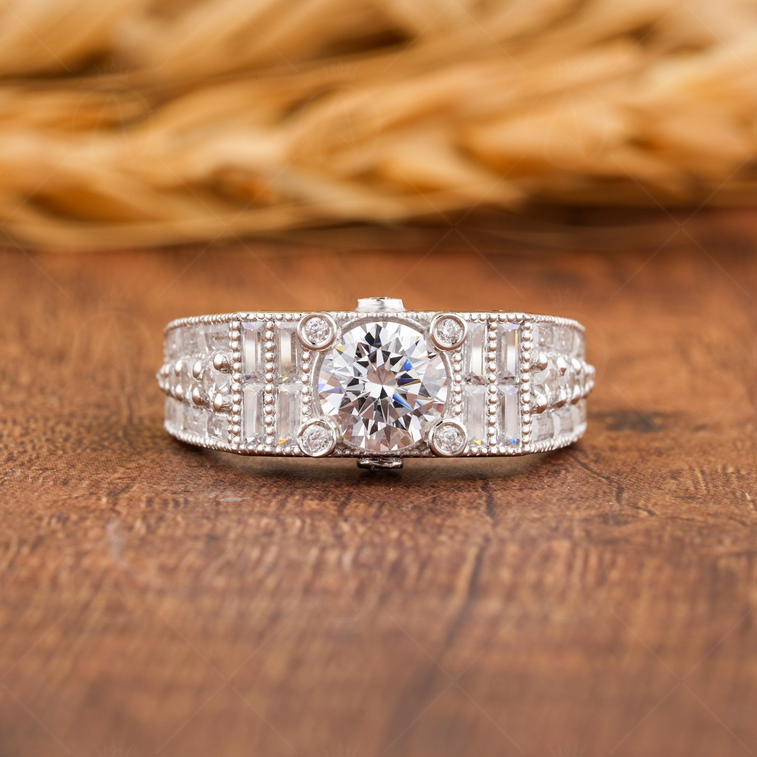 Art Deco Engagement Ring, Vintage Moissanite Ring, Antique Style Wedding Ring, Moissanite Estate Jewelry Rings For Women, Promise Ring