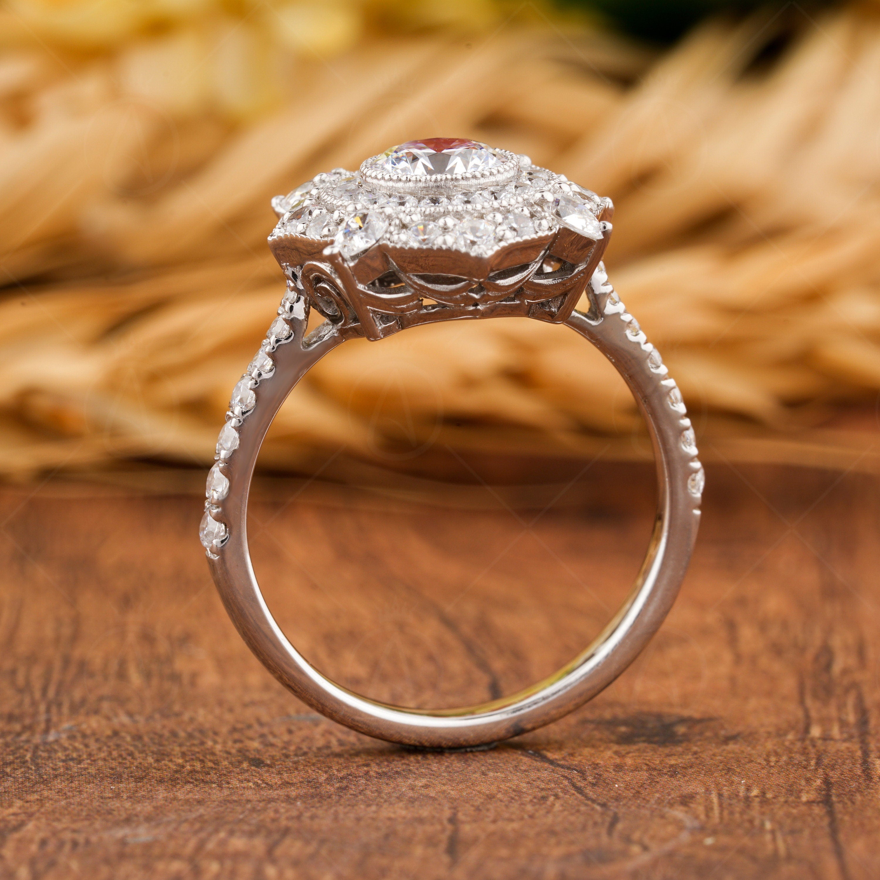 Antique Art Deco Style Ring, Vintage Milgrain Ring, Double Halo Moissanite Engagement Ring, Estate Rings For Women, Gold Promise Ring