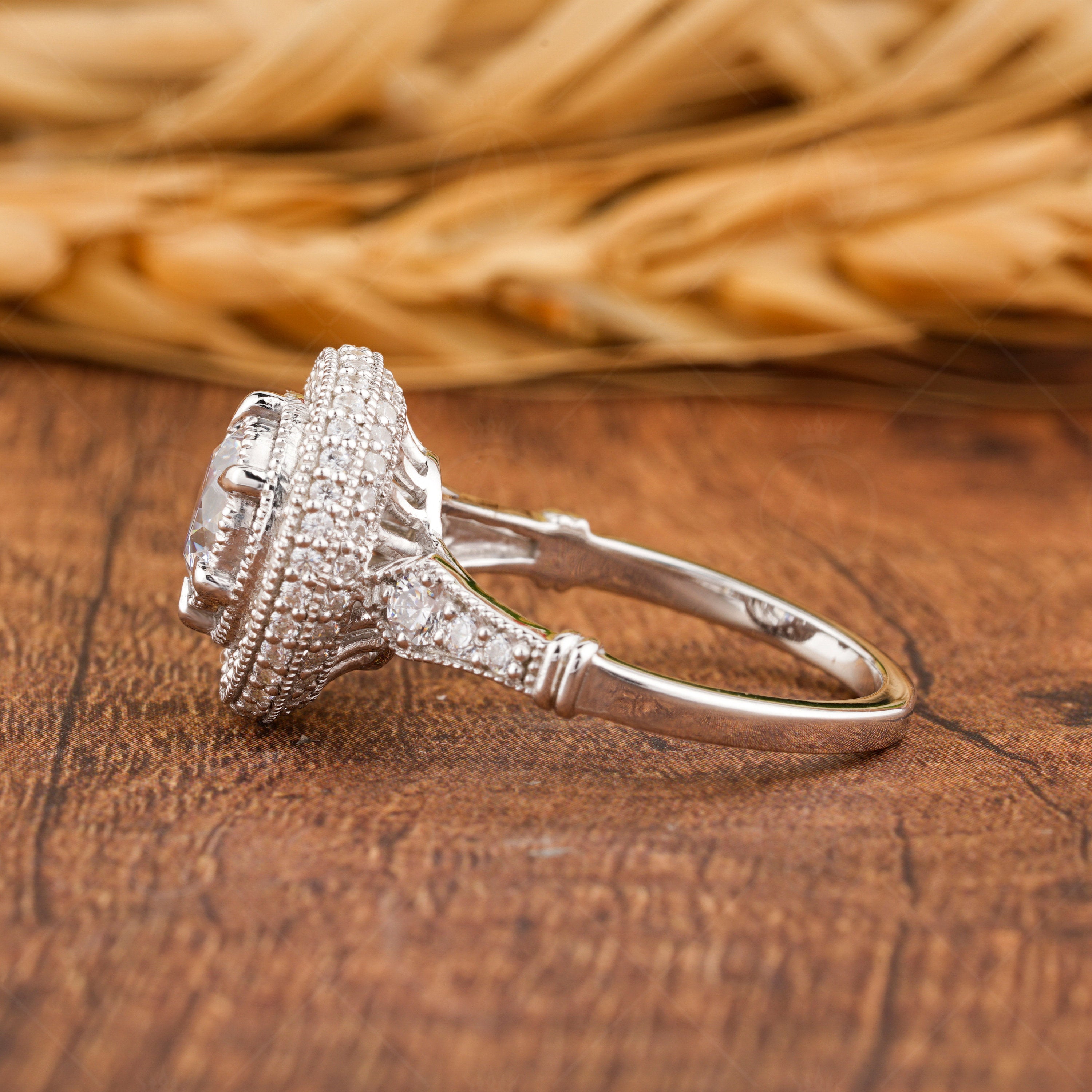 1930s Vintage Filigree Ring, Art Deco Moissanite Ring, Antique Halo Engagement Ring, Unique Milgrain Ring, Promise Rings For Women