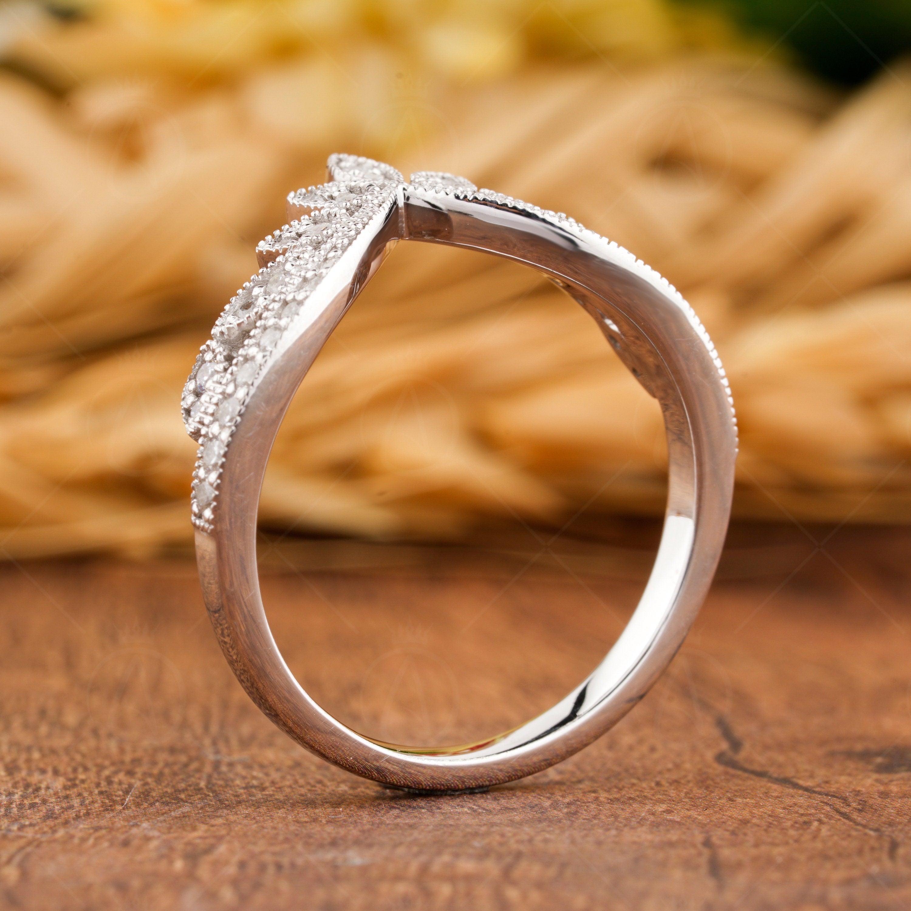 Moissanite Vintage Milgrain Band, V Shaped Wedding Band Women, Curved leaf Style Nature Inspired Band, Solid Gold Chevron Matching Band