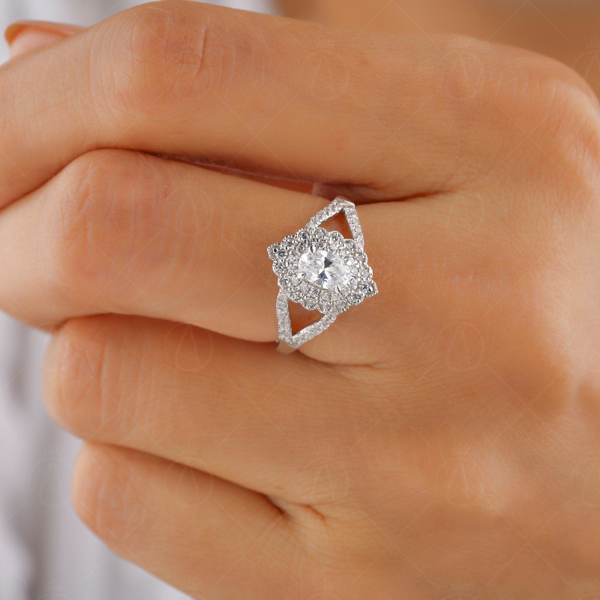 Art Deco Style Moissanite Ring, Vintage Inspired Ring, Oval Double Halo Engagement Ring, Milgrain Ring, Split Shank Ring Unique Promise Ring, Small Dotes Ring