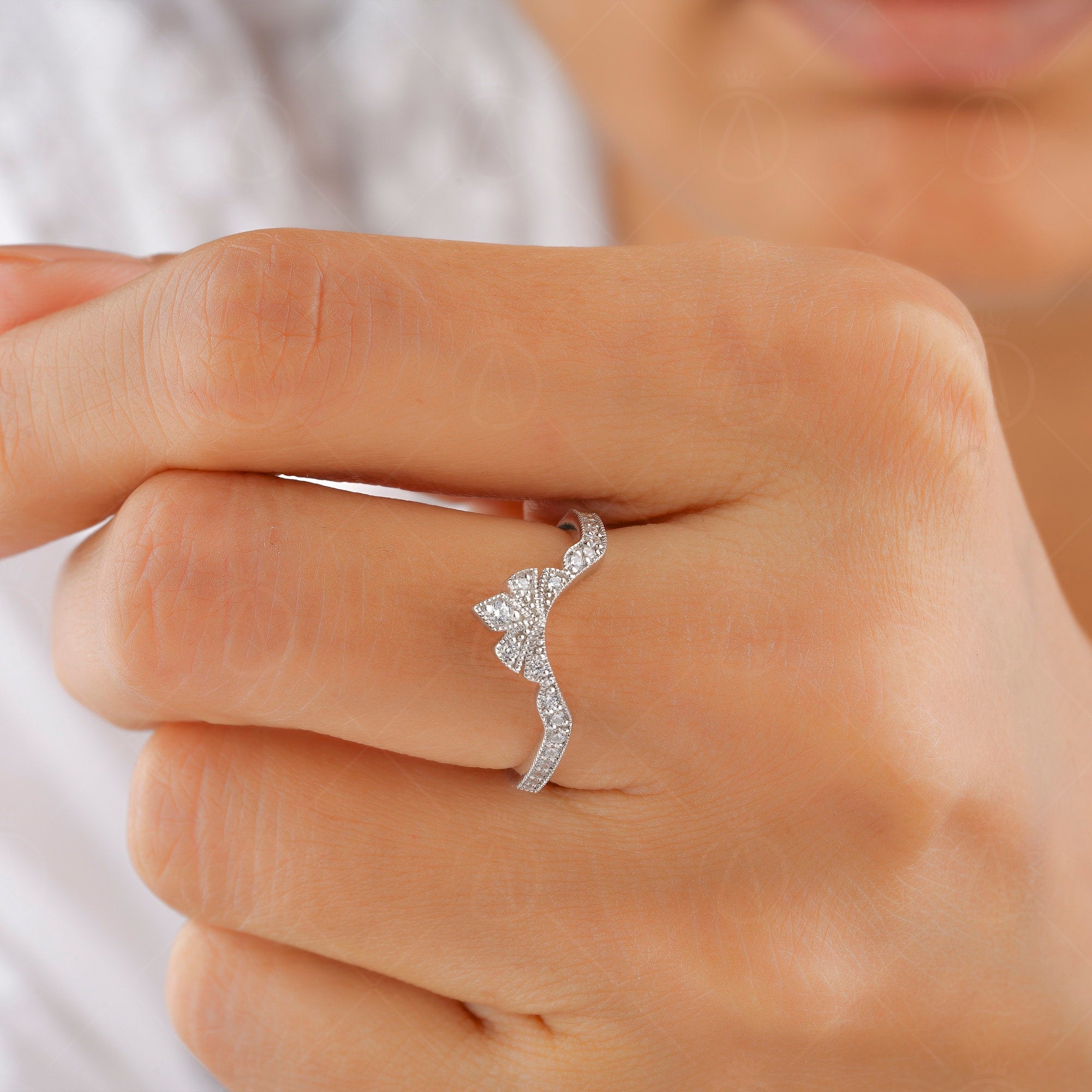 Crown Style Curved Wedding Band Women, Chevron Moissanite Ring, Art Deco Milgrain Band, Antique Vintage Nesting Band, Gold Matching Band