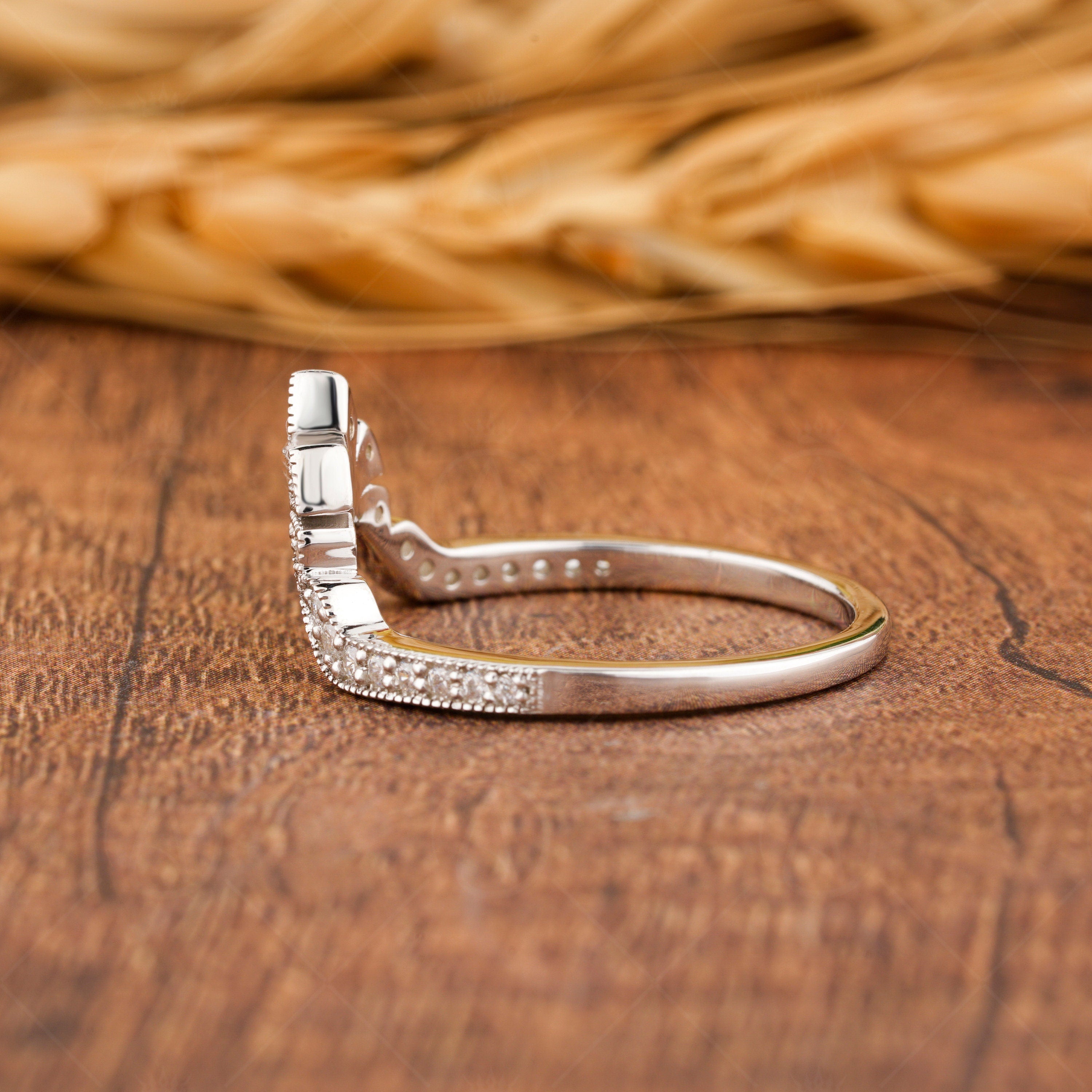 Crown Style Curved Wedding Band Women, Chevron Moissanite Ring, Art Deco Milgrain Band, Antique Vintage Nesting Band, Gold Matching Band