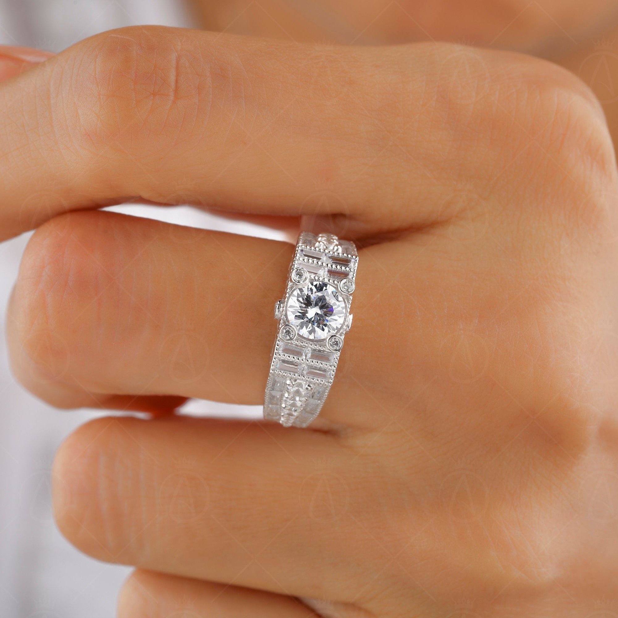 Art Deco Engagement Ring, Vintage Moissanite Ring, Antique Style Wedding Ring, Moissanite Estate Jewelry Rings For Women, Promise Ring