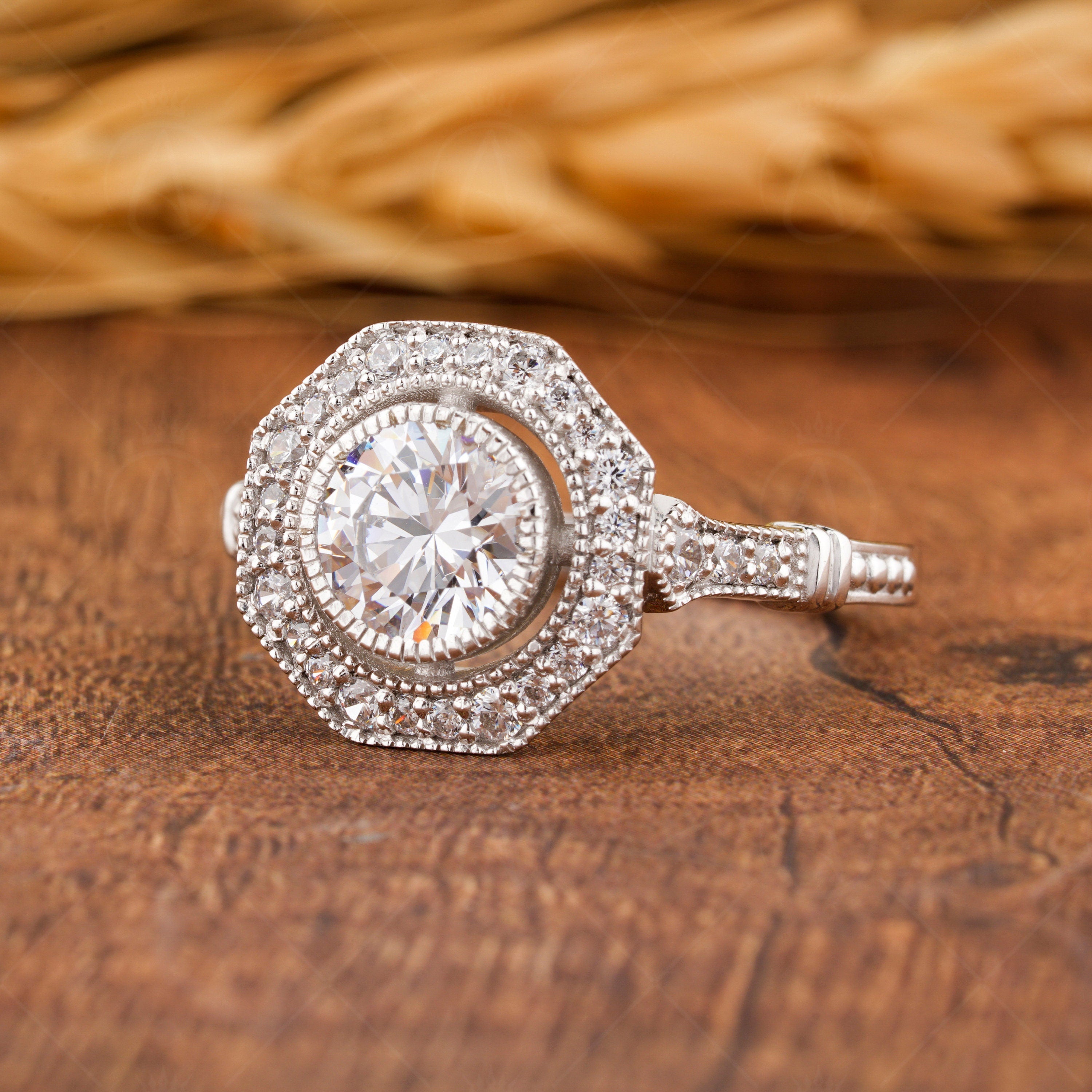 Octagon Shape Ring, Art Deco Style Moissanite Ring, Vintage Inspired Halo Engagement Ring, Antique Milgrain Ring, Bezel Set Round Ring Women