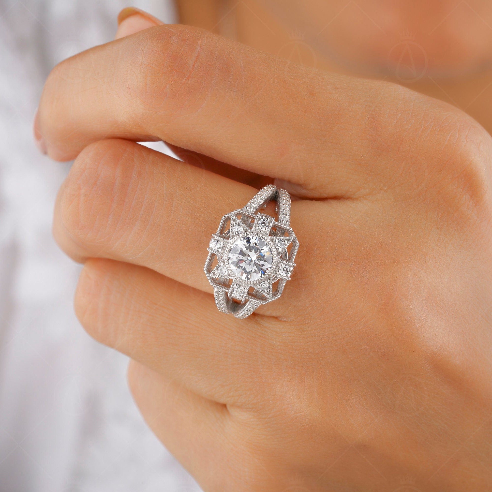 1920s Antique Vintage Inspired Ring, Art Deco Moissanite Ring, Art Deco Milgrain Engagement Ring, Unique Split Shank Ring, Rings For Women