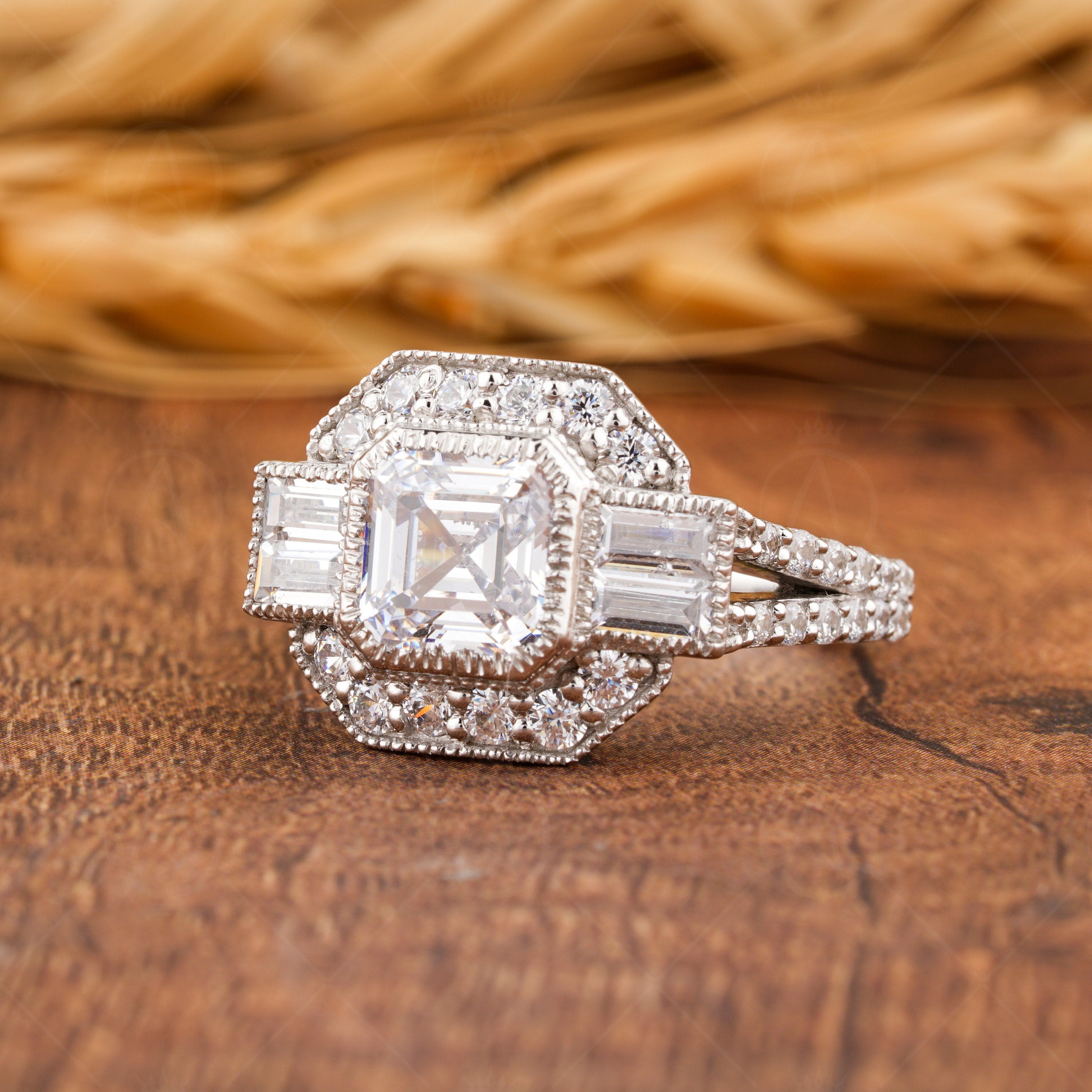 Asscher Cut Moissanite Art Deco Ring, Vintage Style Engagement Ring, Split Shank Ring, Unique Moissanite Diamond Ring, Promise Ring For Her