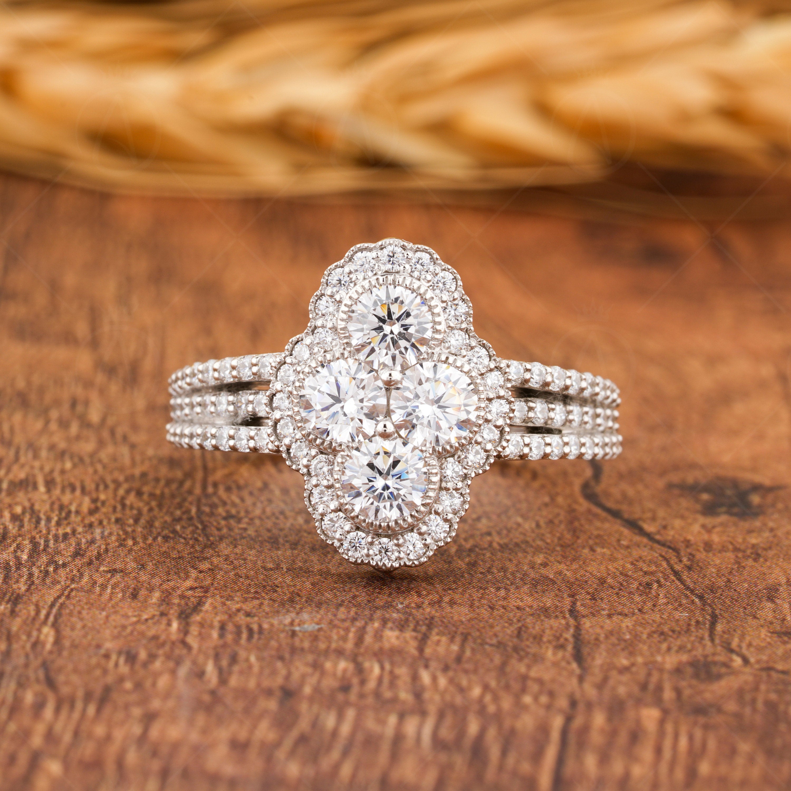 Elongated Vintage Inspired Ring, Art Deco Moissanite Ring, Cluster Engagement Ring, Round Stone Ring, Unique 1930s Style Ring, Womens Ring