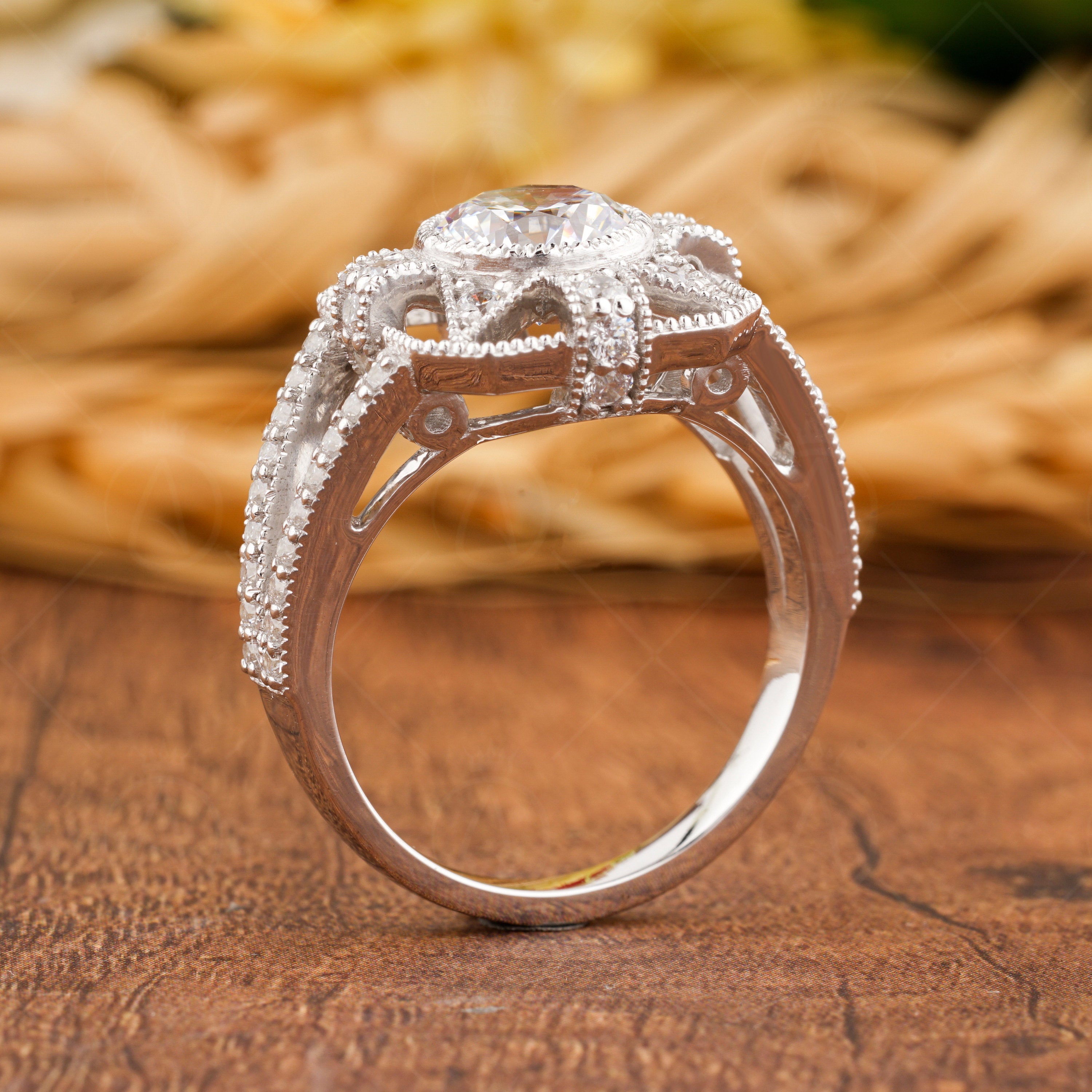 1920s Antique Vintage Inspired Ring, Art Deco Moissanite Ring, Art Deco Milgrain Engagement Ring, Unique Split Shank Ring, Rings For Women