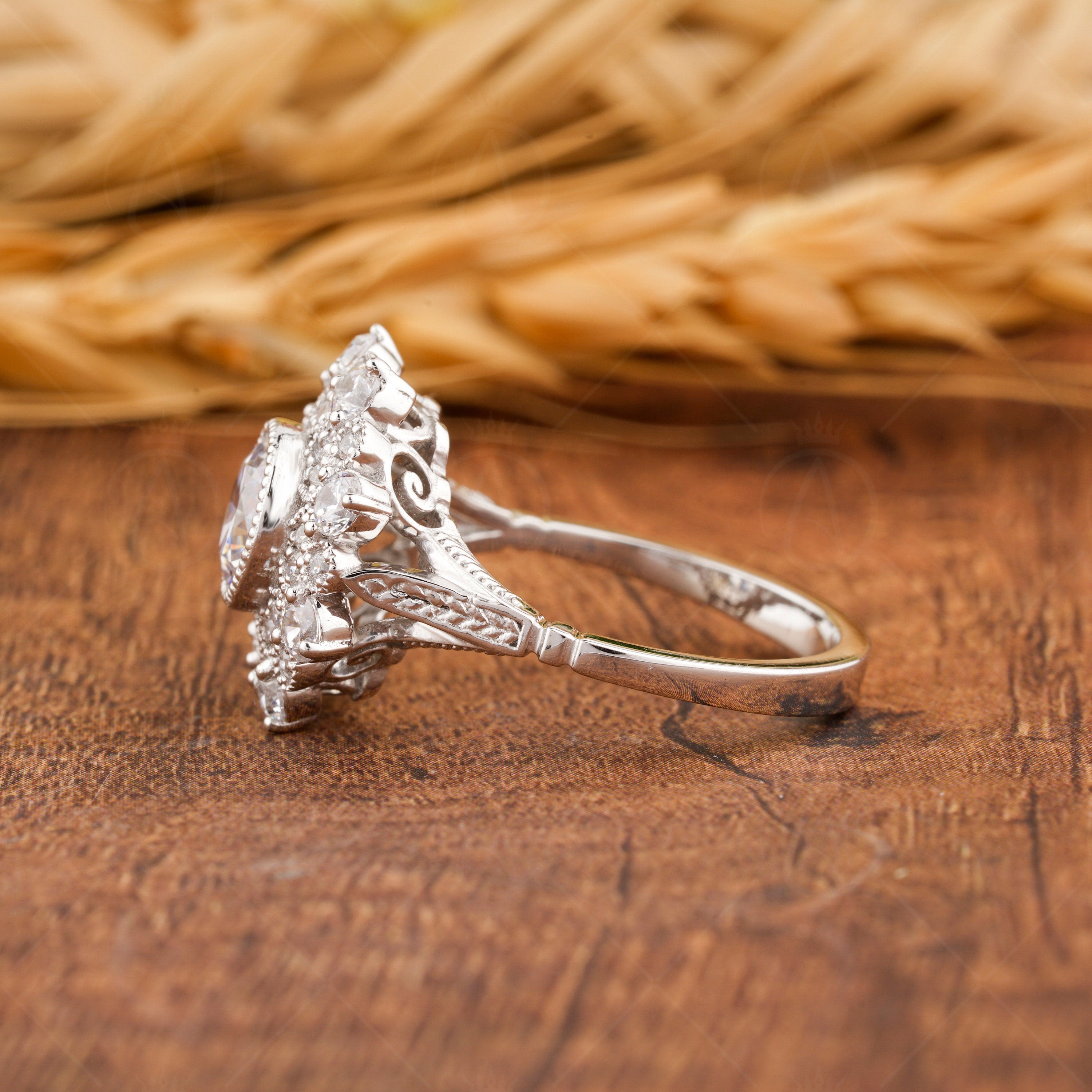 1940s Vintage Inspired Engagement Ring, Art Deco Moissanite Double Halo Ring, Milgrain Ring, Estate Jewelry Rings For Women, Unique Ring