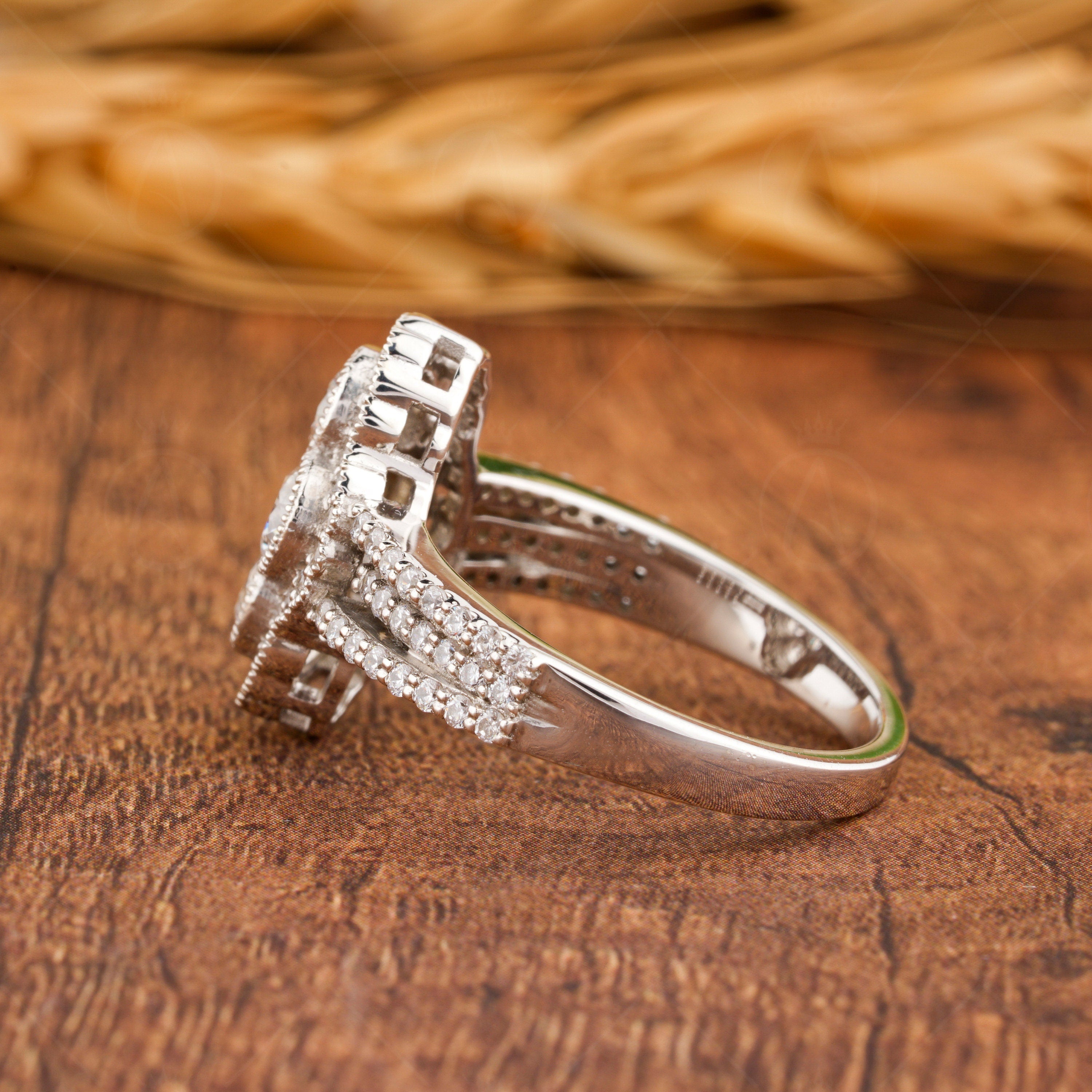 Elongated Vintage Inspired Ring, Art Deco Moissanite Ring, Cluster Engagement Ring, Round Stone Ring, Unique 1930s Style Ring, Womens Ring