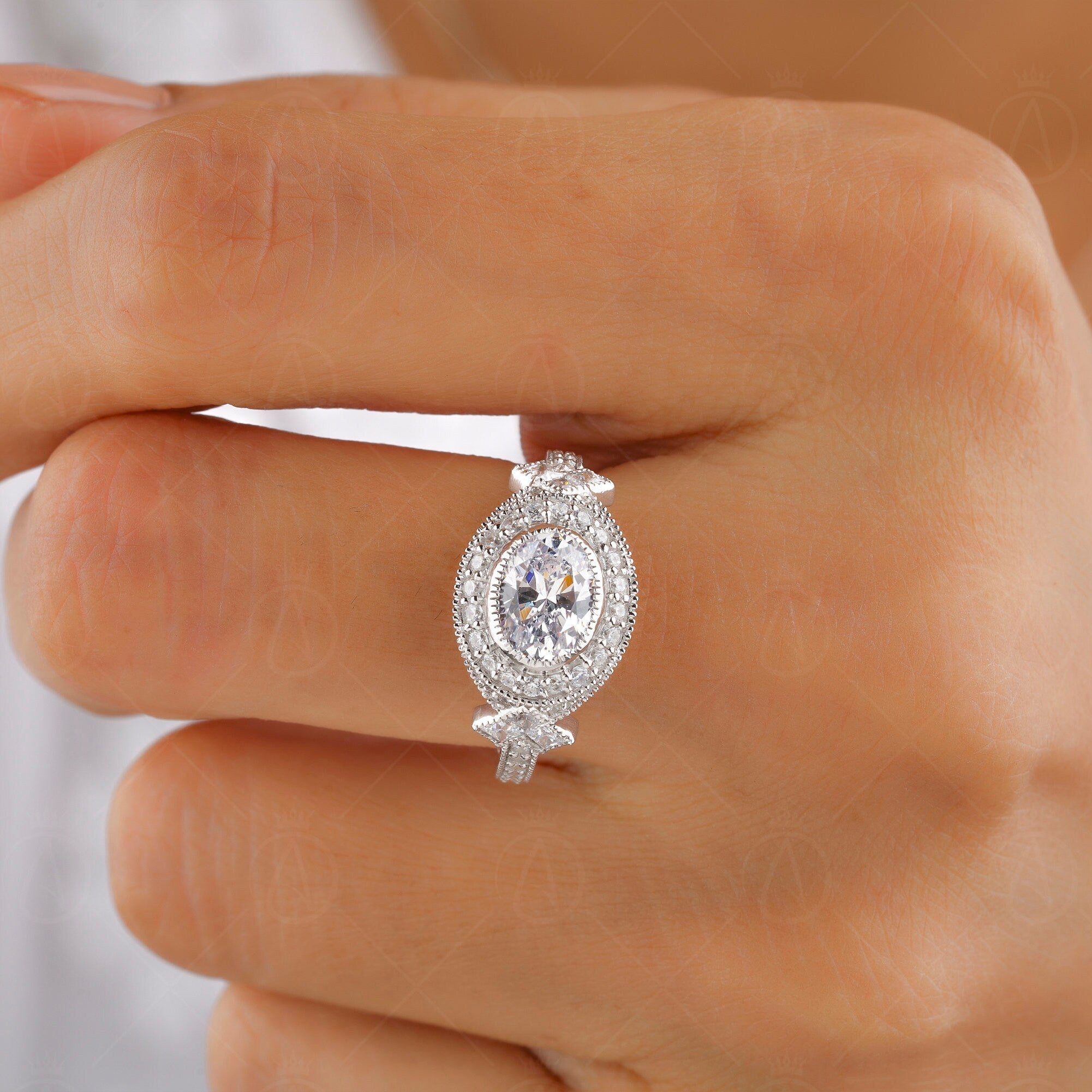 Vintage Art Deco Ring, Moissanite Oval Cut Halo Engagement Ring, Unique Vintage Milgrain Ring, East To West Oval Ring Antique Ring For Women