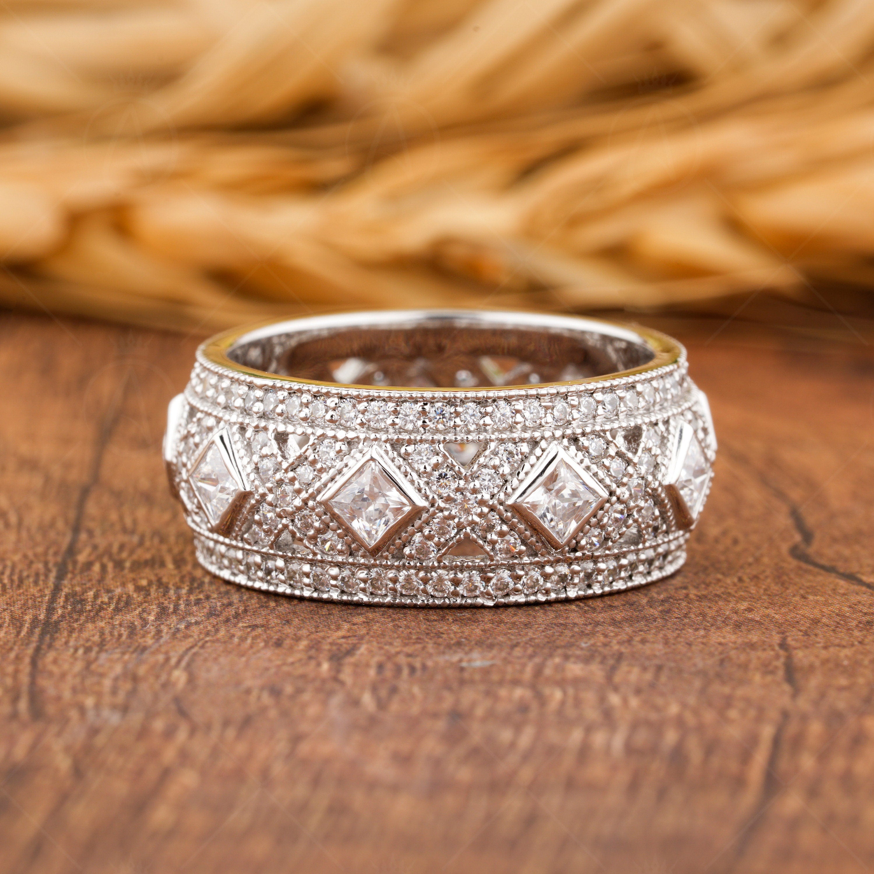 Art Deco Vintage Wedding Band, Moissanite Anniversary Bands For Women, Milgrain Vintage Band, Unique Wide Band Ring, Thick Gold Band