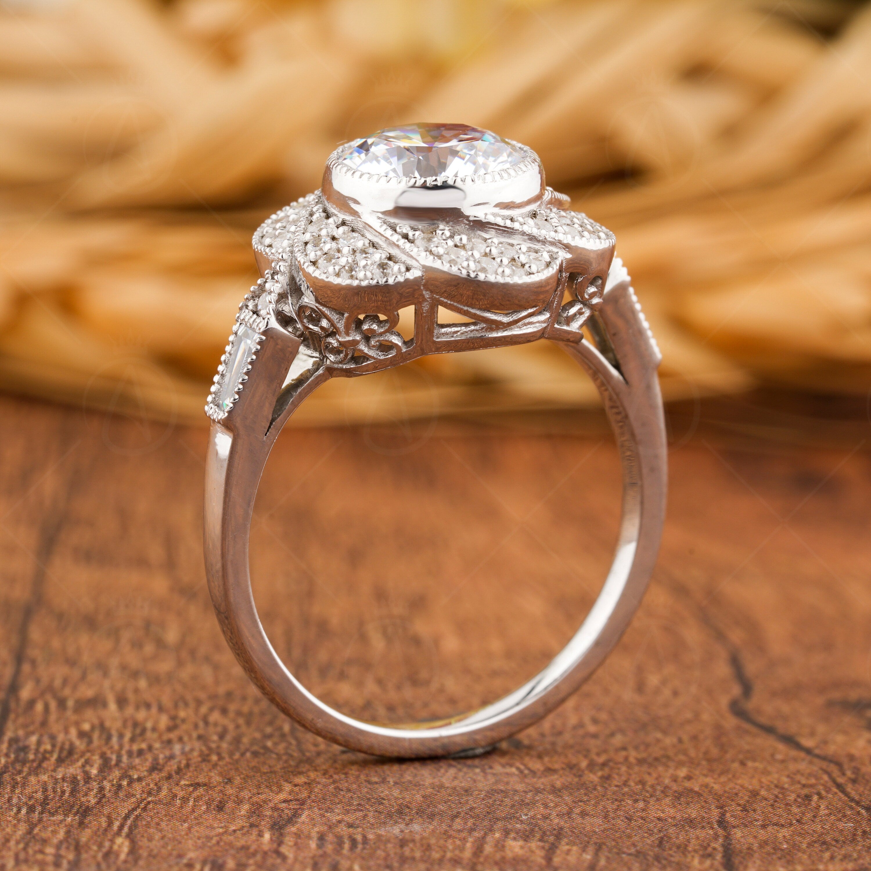 Flower Moissanite Engagement Ring, Floral Nature Inspired Ring, Art Deco Milgrain Ring, Bezel Set Round Ring, Antique Wedding Ring