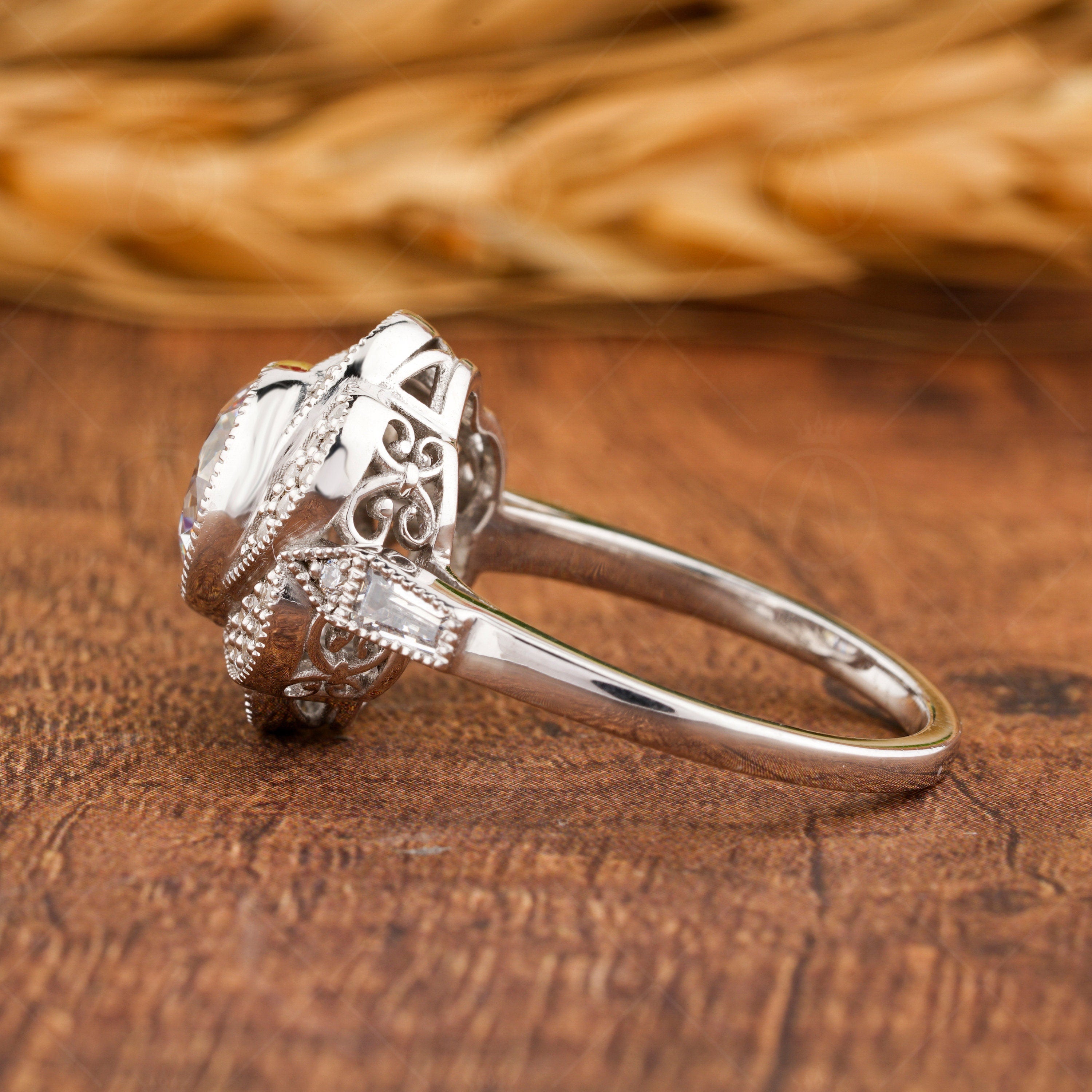 Flower Moissanite Engagement Ring, Floral Nature Inspired Ring, Art Deco Milgrain Ring, Bezel Set Round Ring, Antique Wedding Ring